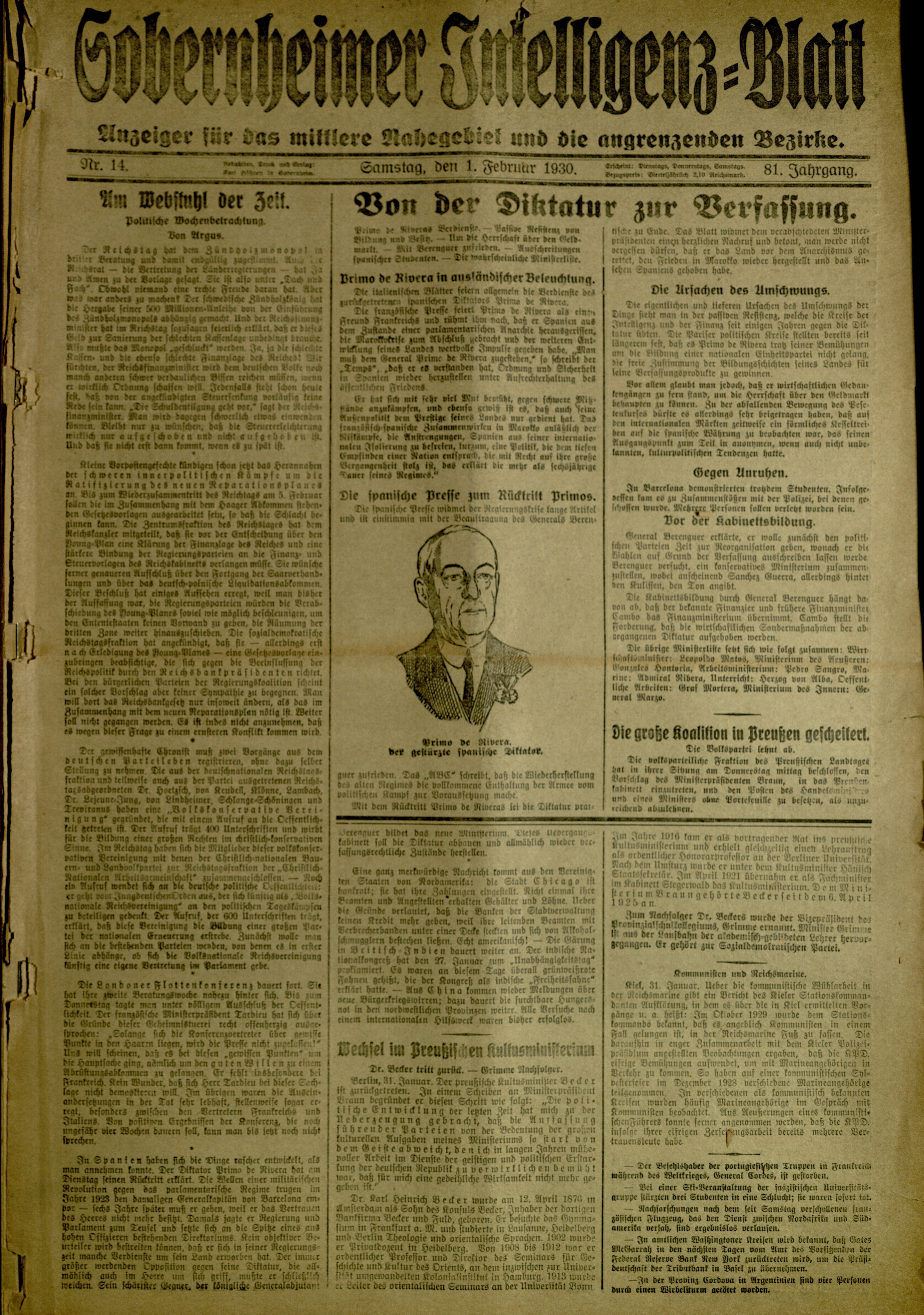 Zeitung: Sobernheimer Intelligenzblatt; Februar 1930, Jg. 81 Nr. 14 (Heimatmuseum Bad Sobernheim CC BY-NC-SA)