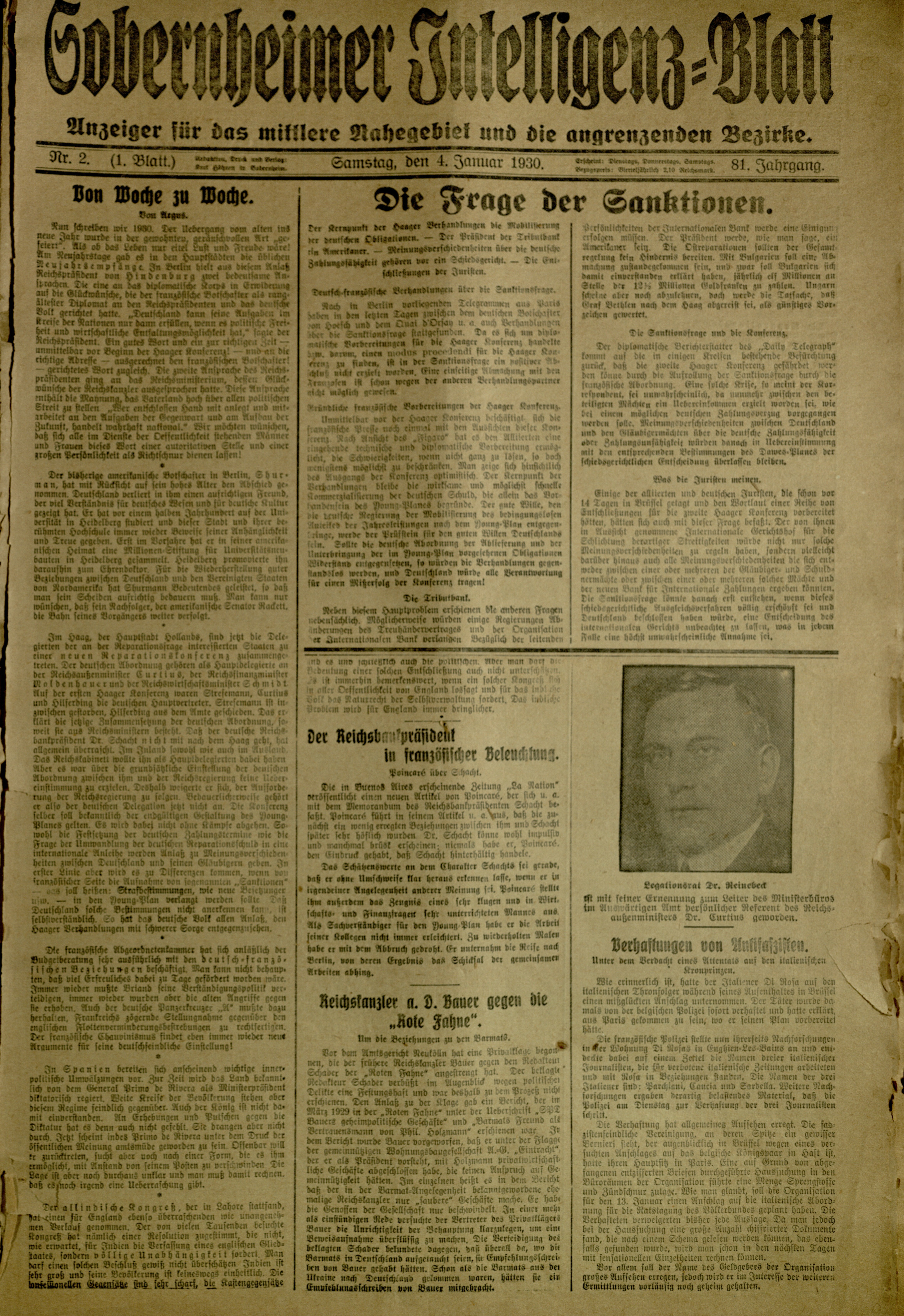Zeitung: Sobernheimer Intelligenzblatt; Januar 1930, Jg. 81 Nr. 2 (Heimatmuseum Bad Sobernheim CC BY-NC-SA)