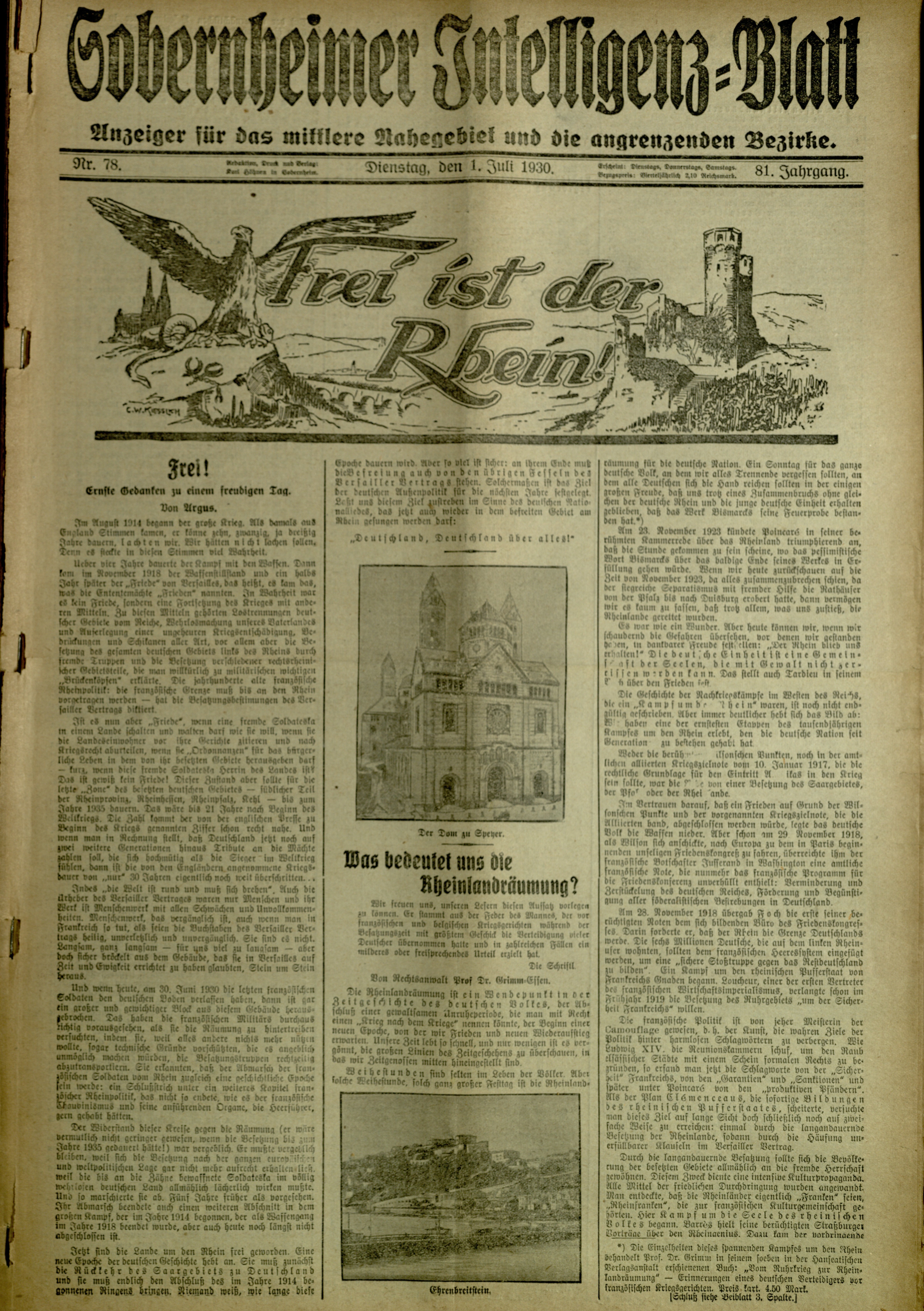 Zeitung: Sobernheimer Intelligenzblatt; Juli 1930, Jg. 81 Nr. 78 (Heimatmuseum Bad Sobernheim CC BY-NC-SA)