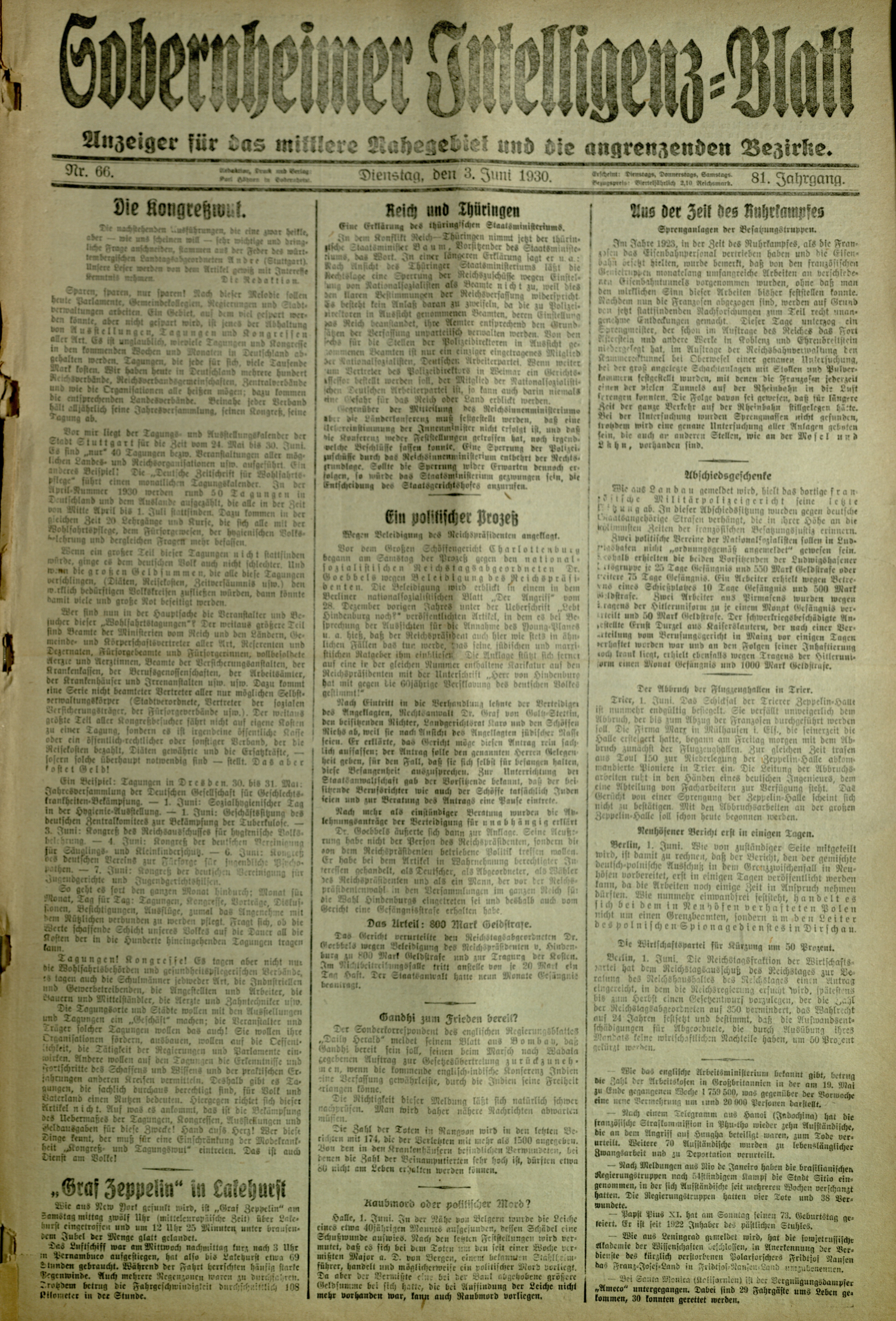 Zeitung: Sobernheimer Intelligenzblatt; Juni 1930, Jg. 81 Nr. 66 (Heimatmuseum Bad Sobernheim CC BY-NC-SA)