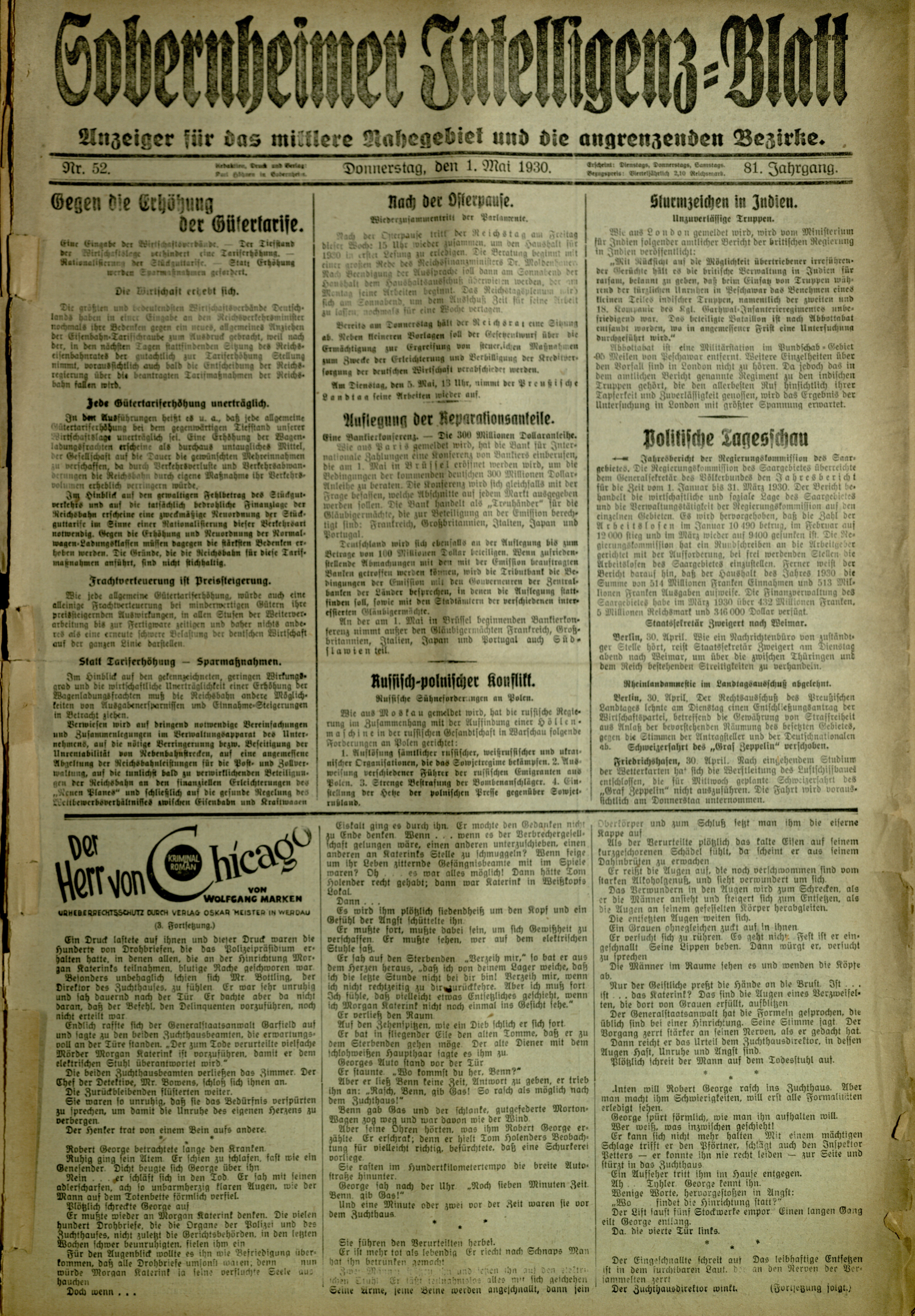 Zeitung: Sobernheimer Intelligenzblatt; Mai 1930, Jg. 81 Nr. 52 (Heimatmuseum Bad Sobernheim CC BY-NC-SA)