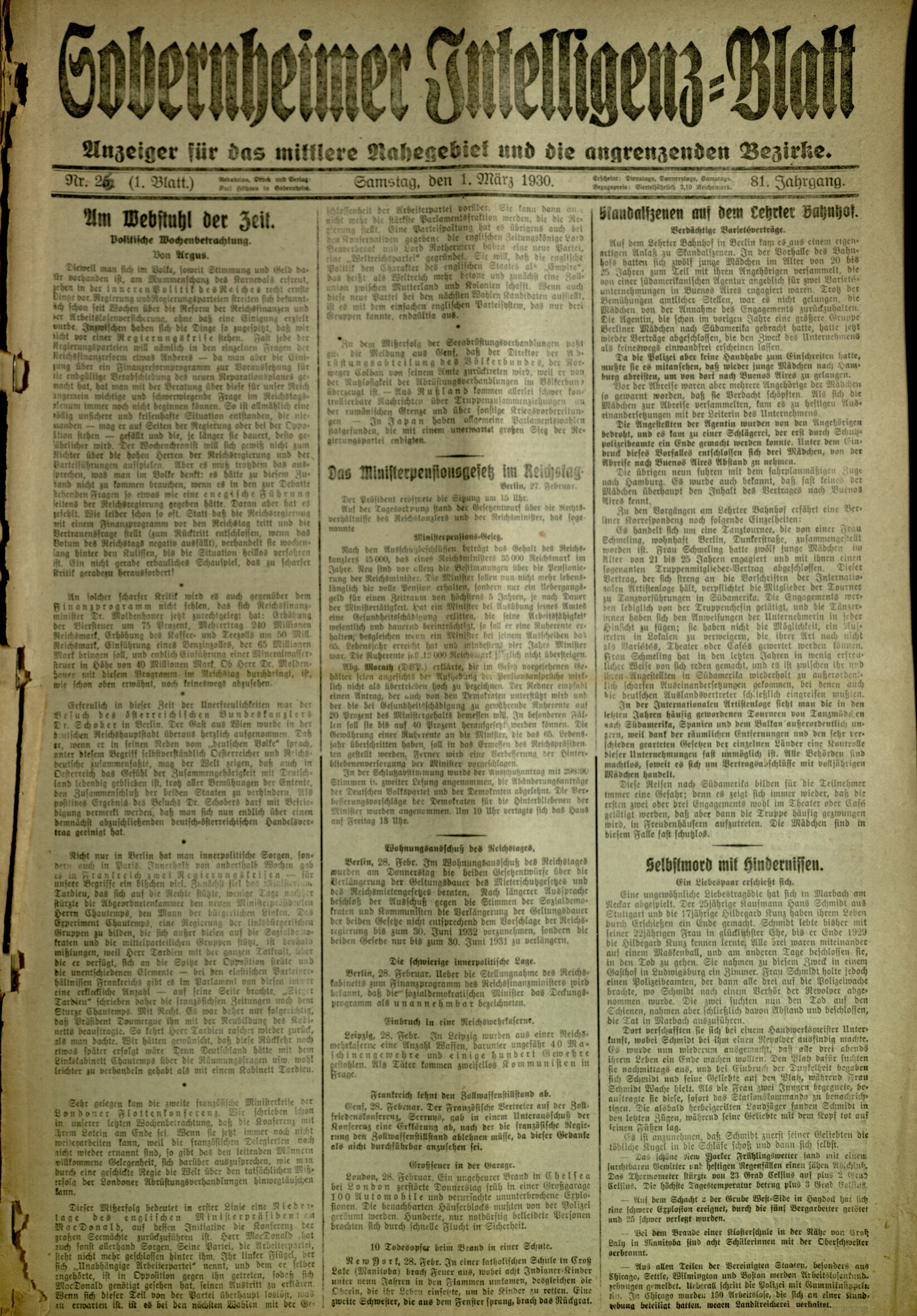 Zeitung: Sobernheimer Intelligenzblatt; März 1930, Jg. 81 Nr. 26 (Heimatmuseum Bad Sobernheim CC BY-NC-SA)