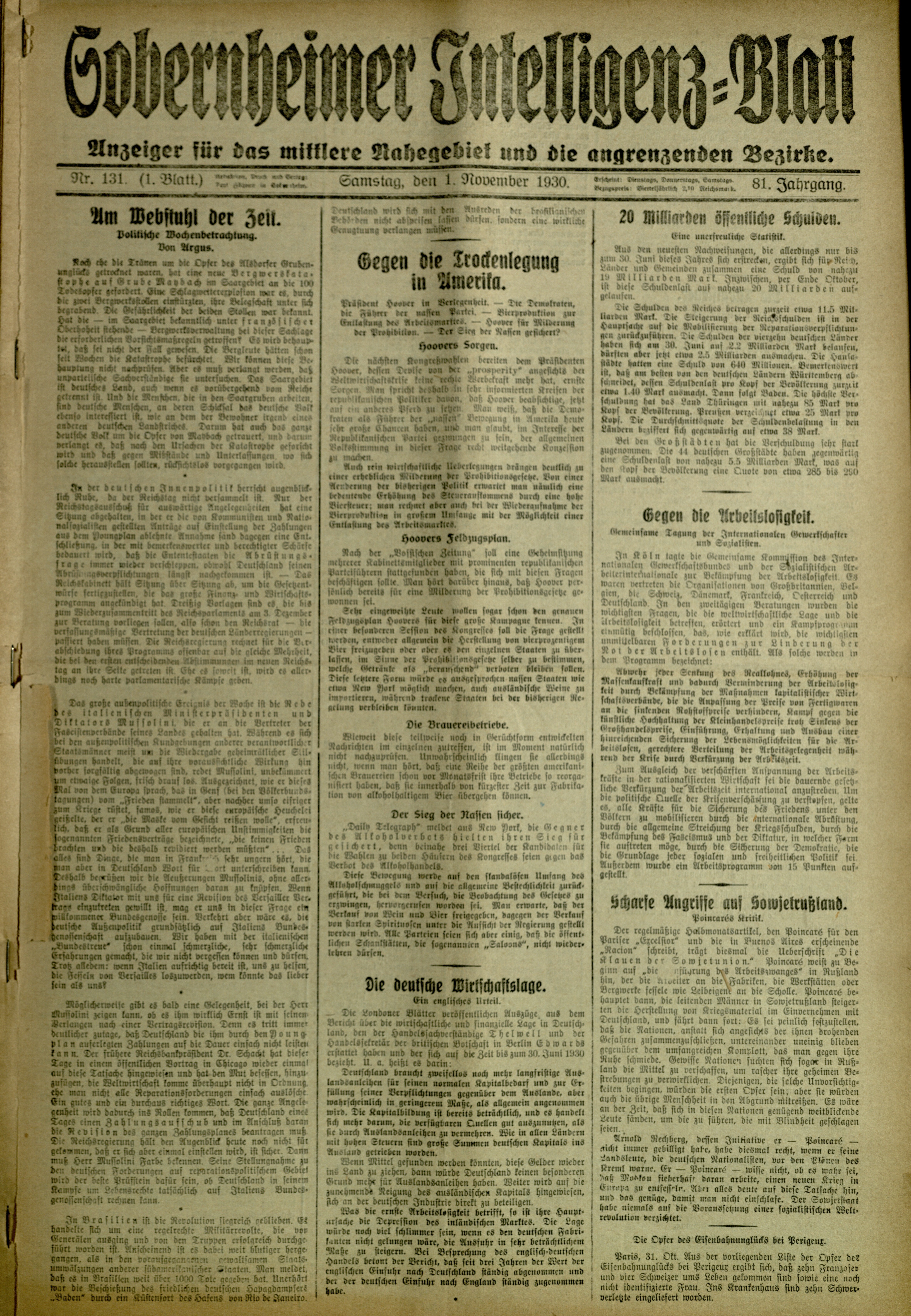 Zeitung: Sobernheimer Intelligenzblatt; November 1930, Jg. 81 Nr. 131 (Heimatmuseum Bad Sobernheim CC BY-NC-SA)
