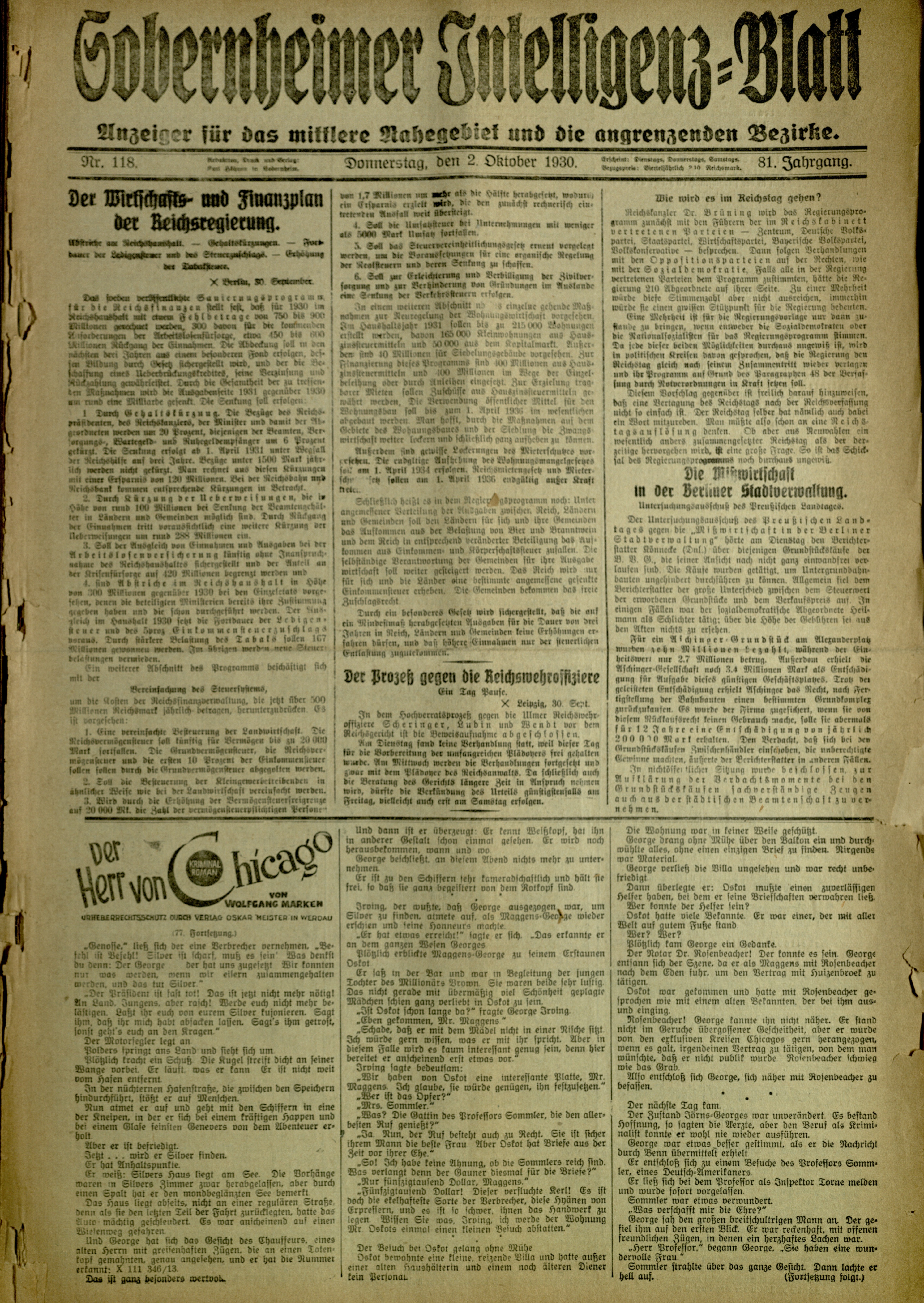 Zeitung: Sobernheimer Intelligenzblatt; Oktober 1930, Jg. 81 Nr. 118 (Heimatmuseum Bad Sobernheim CC BY-NC-SA)