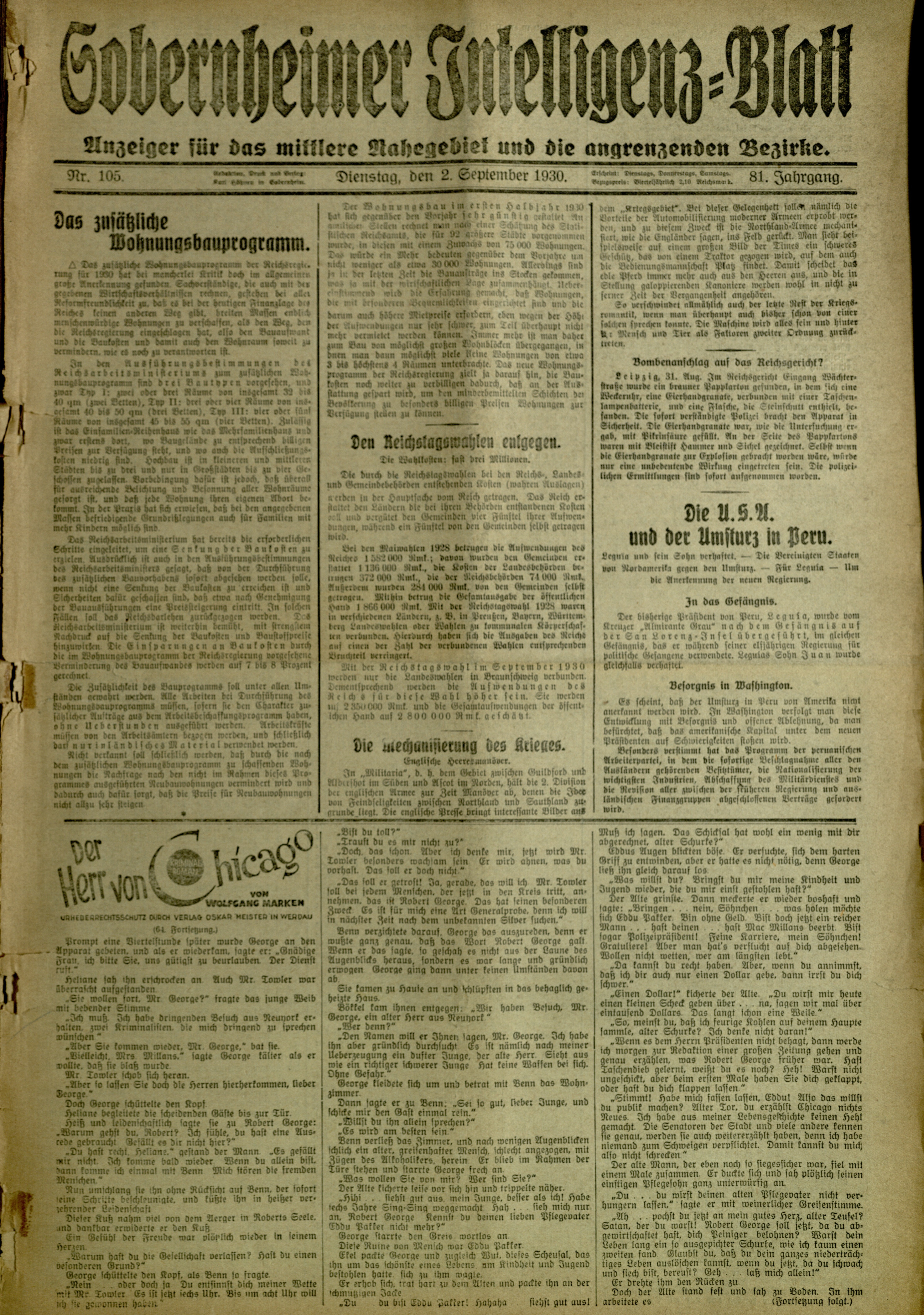 Zeitung: Sobernheimer Intelligenzblatt; September 1930, Jg. 81 Nr. 105 (Heimatmuseum Bad Sobernheim CC BY-NC-SA)