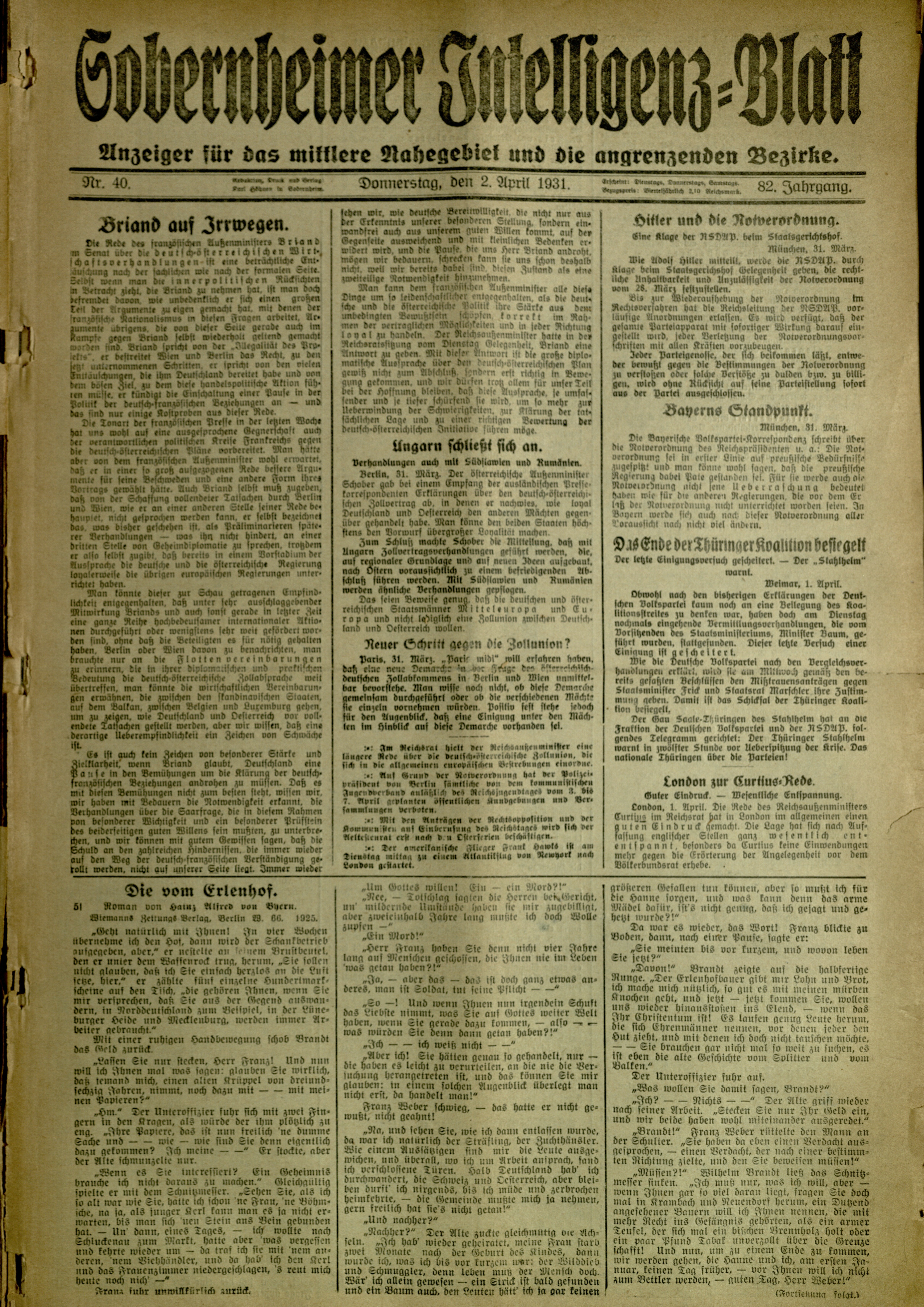 Zeitung: Sobernheimer Intelligenzblatt; April 1931, Jg. 81 Nr. 40 (Heimatmuseum Bad Sobernheim CC BY-NC-SA)