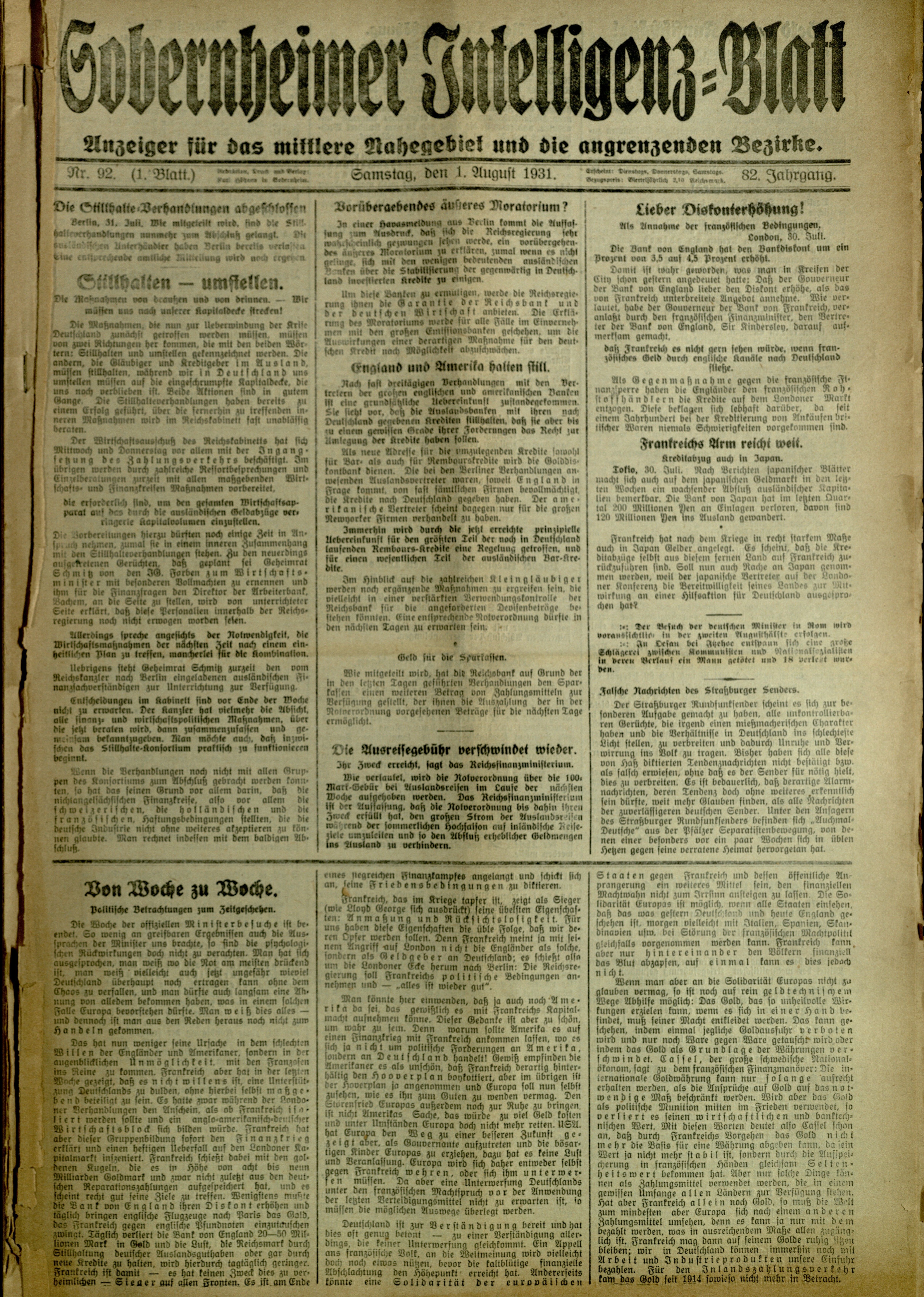 Zeitung: Sobernheimer Intelligenzblatt; August 1931, Jg. 81 Nr. 92 (Heimatmuseum Bad Sobernheim CC BY-NC-SA)