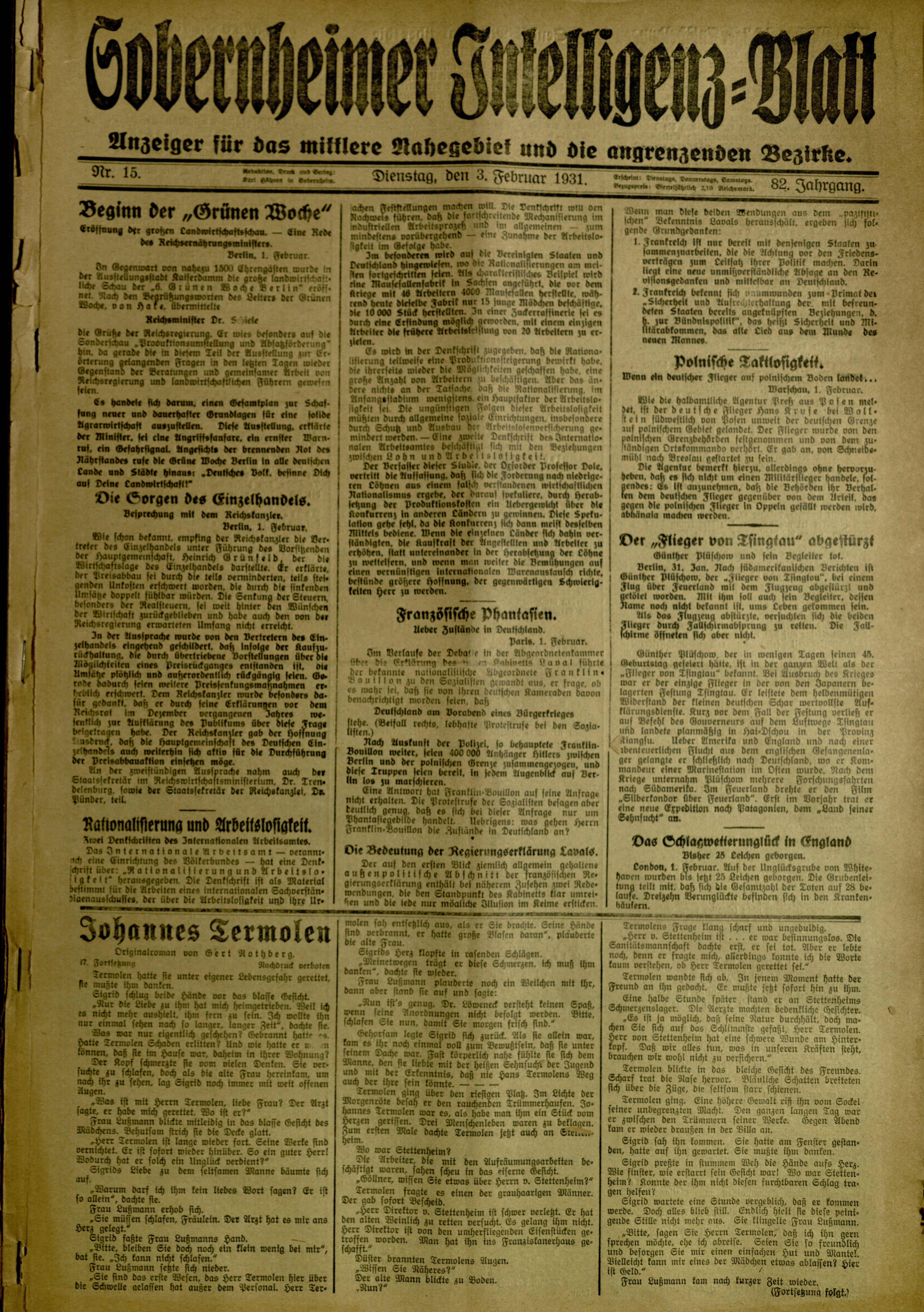 Zeitung: Sobernheimer Intelligenzblatt; Februar 1931, Jg. 81 Nr. 15 (Heimatmuseum Bad Sobernheim CC BY-NC-SA)