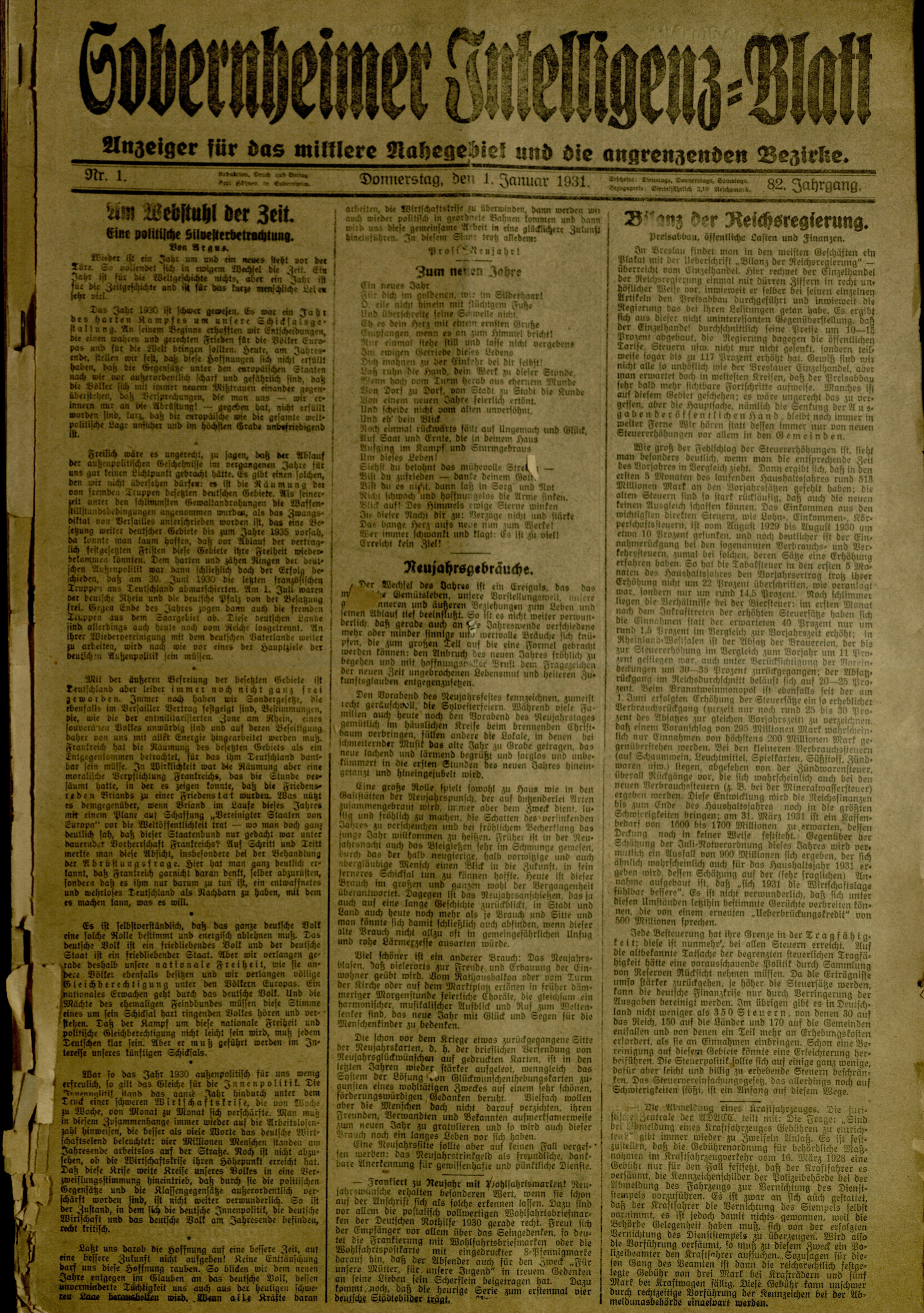 Zeitung: Sobernheimer Intelligenzblatt; Januar 1931, Jg. 81 Nr. 1 (Heimatmuseum Bad Sobernheim CC BY-NC-SA)