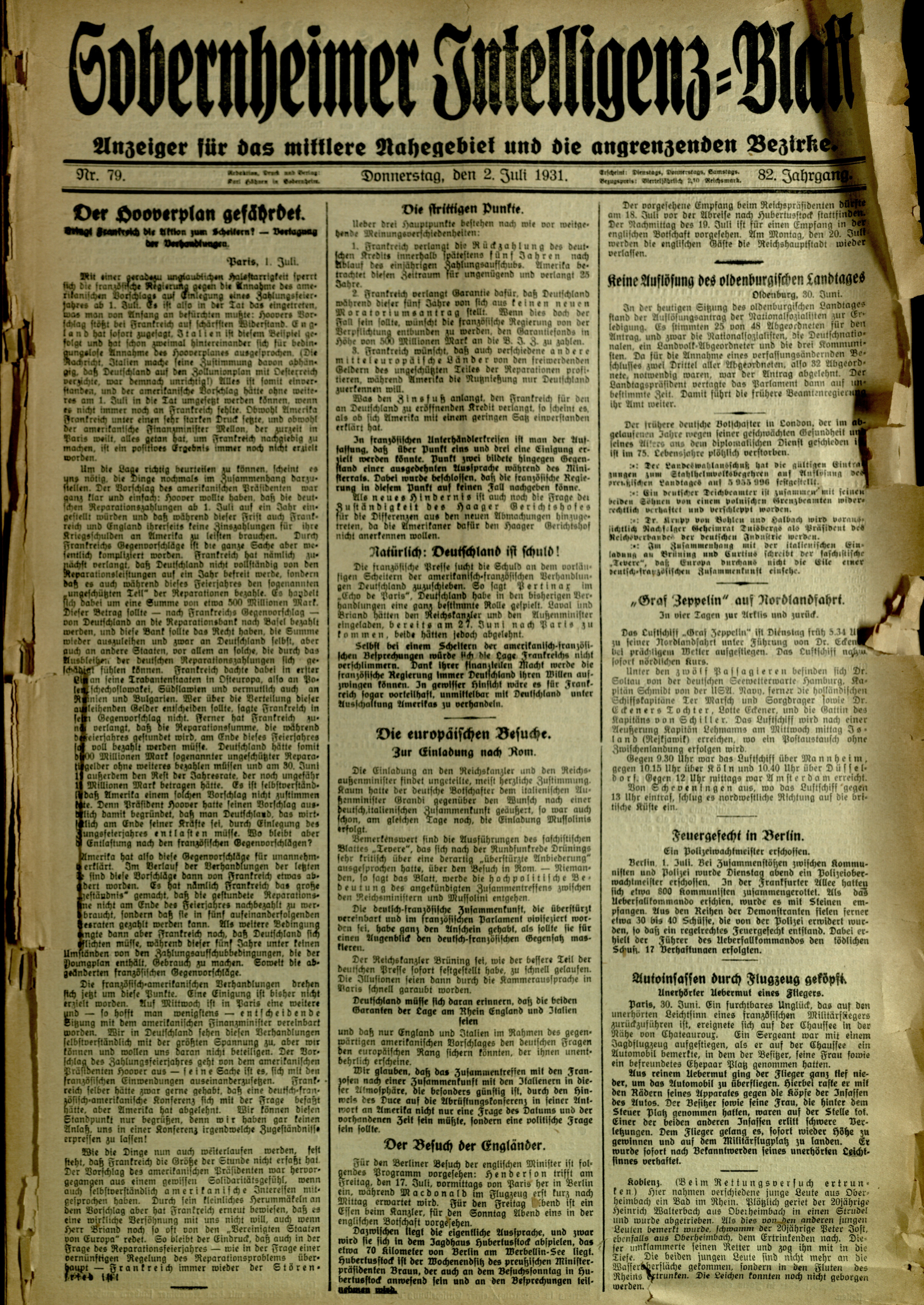 Zeitung: Sobernheimer Intelligenzblatt; Juli 1931, Jg. 79 Nr. 82 (Heimatmuseum Bad Sobernheim CC BY-NC-SA)