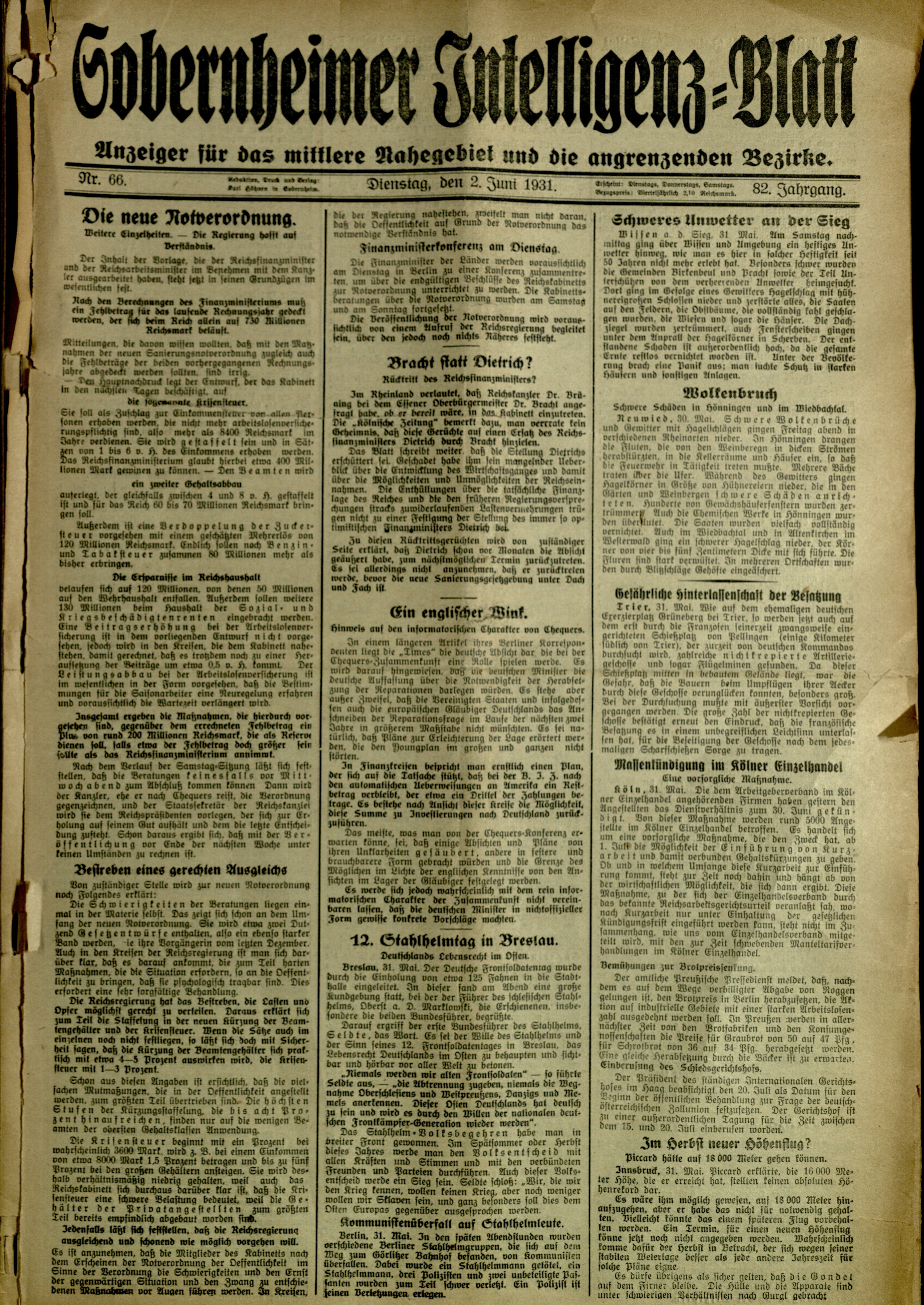 Zeitung: Sobernheimer Intelligenzblatt; Juni 1931, Jg. 79 Nr. 66 (Heimatmuseum Bad Sobernheim CC BY-NC-SA)