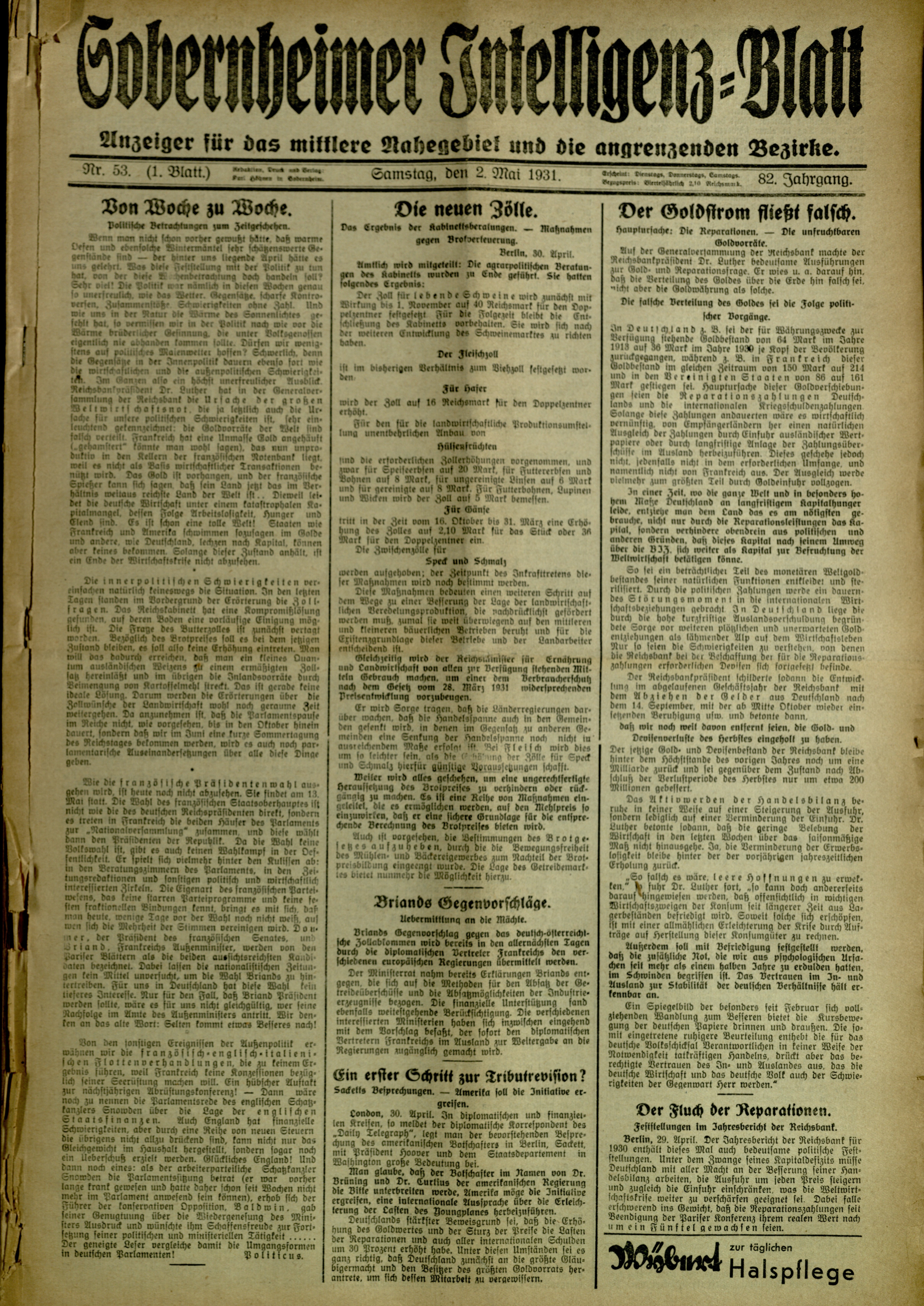 Zeitung: Sobernheimer Intelligenzblatt; Mai 1931, Jg. 79 Nr. 53 (Heimatmuseum Bad Sobernheim CC BY-NC-SA)