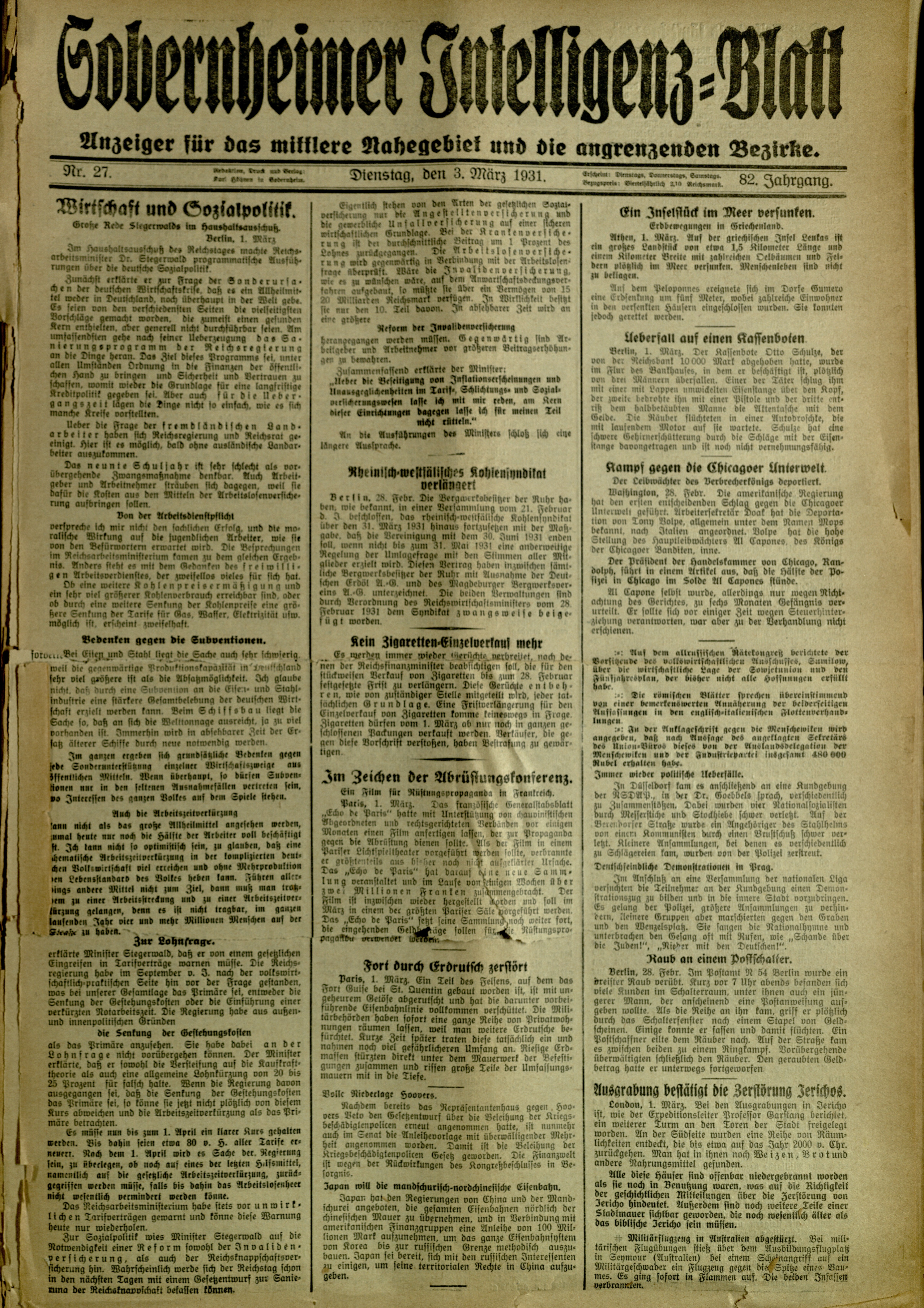 Zeitung: Sobernheimer Intelligenzblatt; März 1931, Jg. 79 Nr. 31 (Heimatmuseum Bad Sobernheim CC BY-NC-SA)