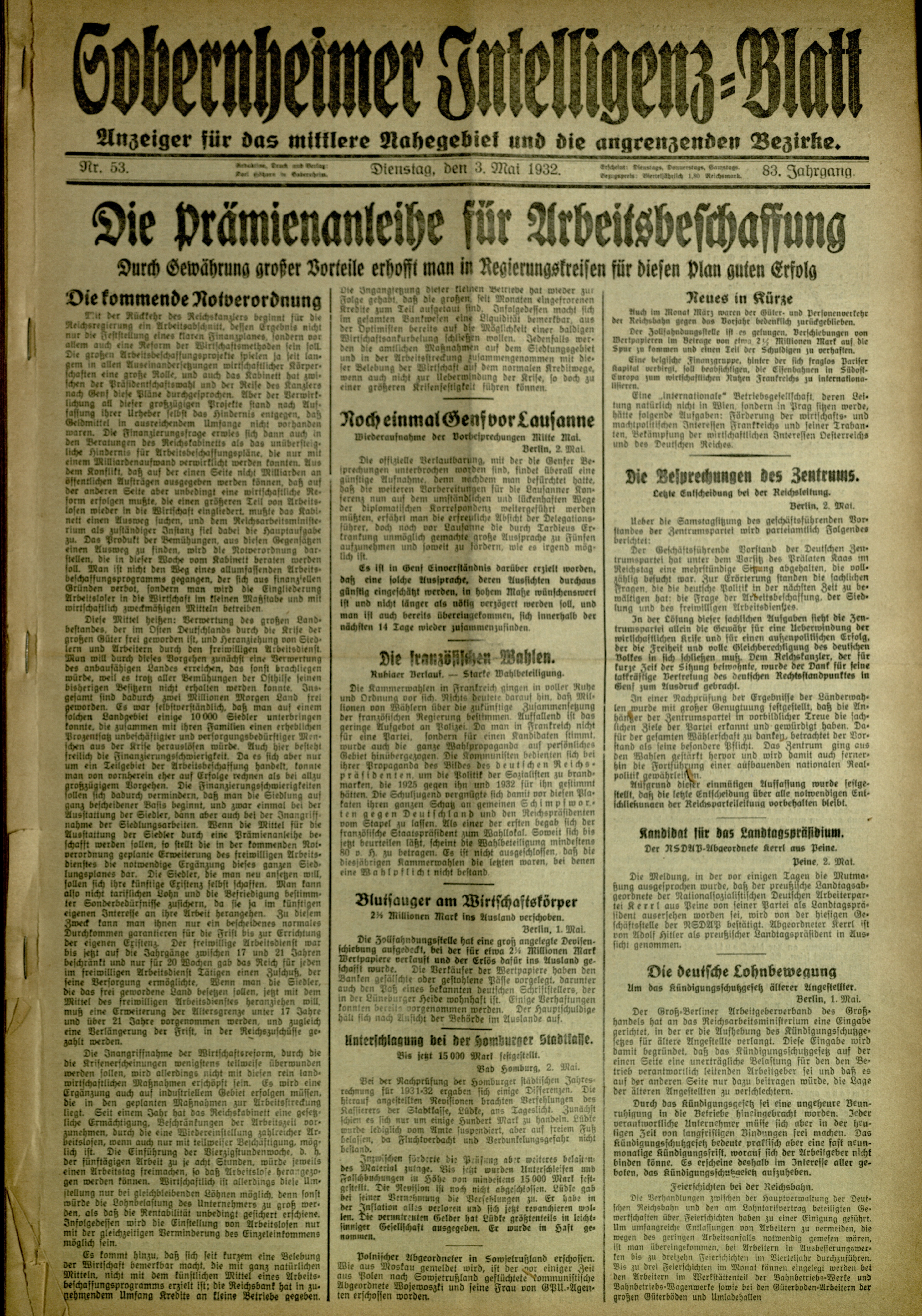Zeitung: Sobernheimer Intelligenzblatt; Mai 1932, Jg. 83 Nr. 53 (Heimatmuseum Bad Sobernheim CC BY-NC-SA)