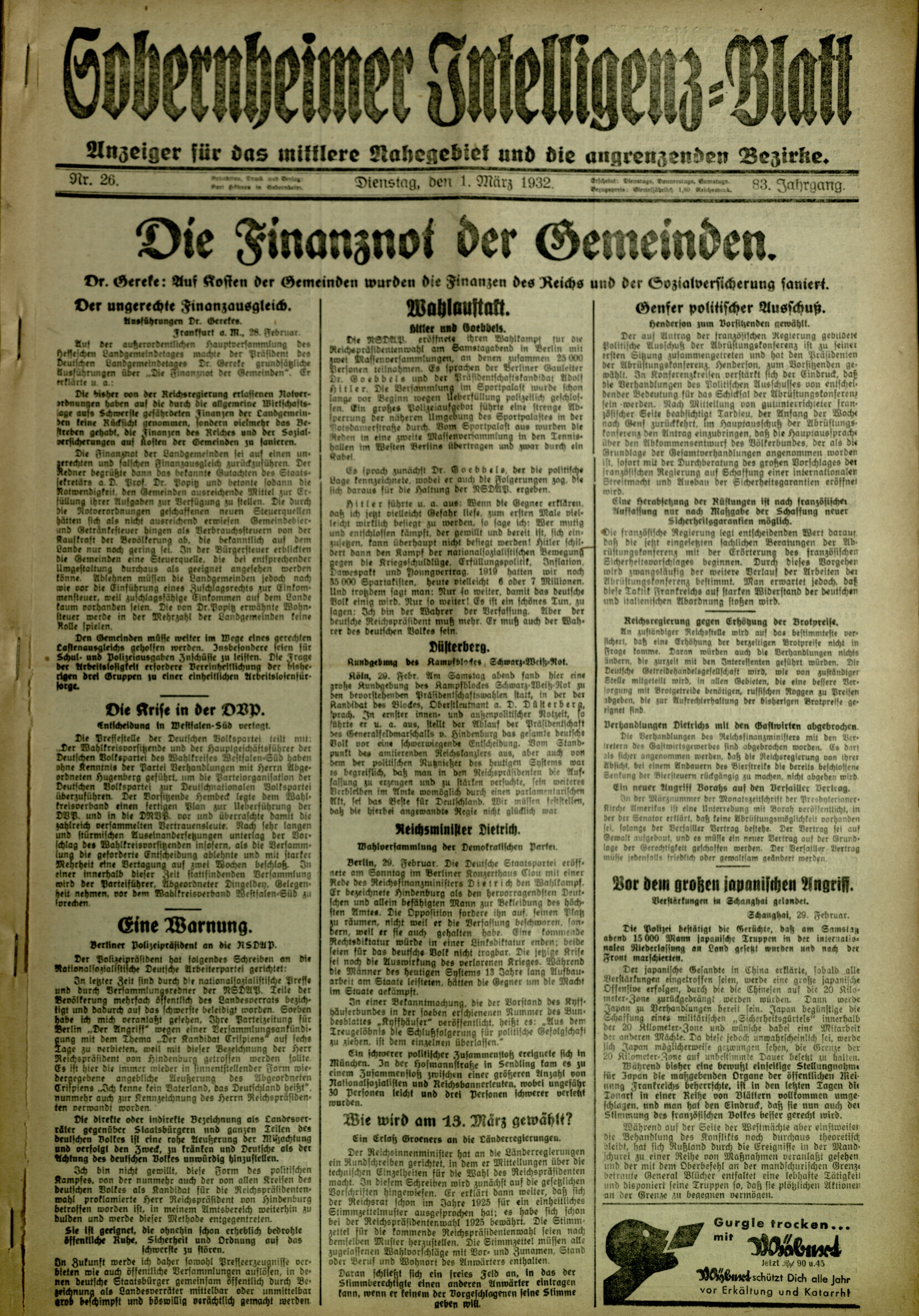 Zeitung: Sobernheimer Intelligenzblatt; März 1932, Jg. 83 Nr. 26 (Heimatmuseum Bad Sobernheim CC BY-NC-SA)
