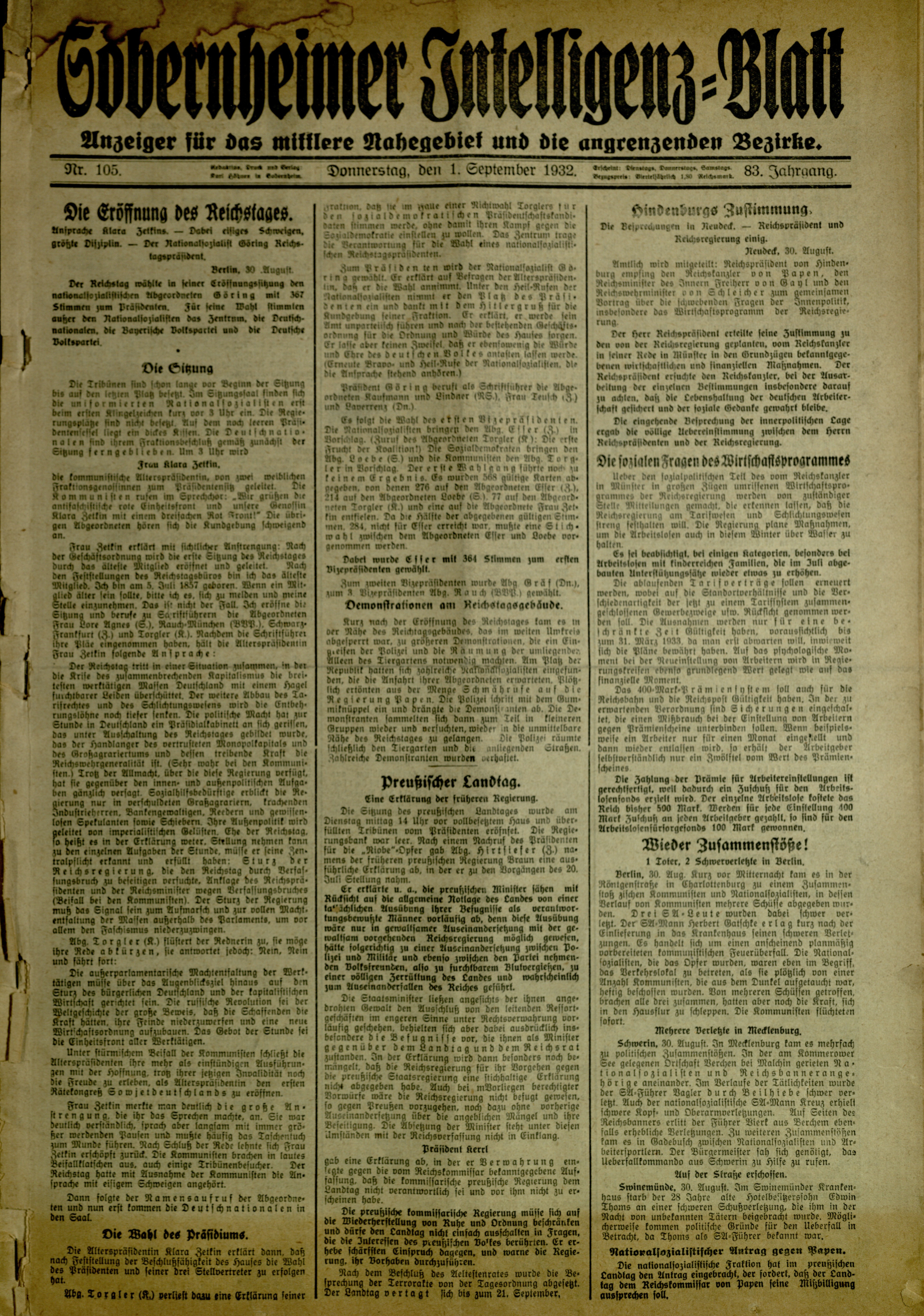 Zeitung: Sobernheimer Intelligenzblatt; September 1932, Jg. 83 Nr. 105 (Heimatmuseum Bad Sobernheim CC BY-NC-SA)