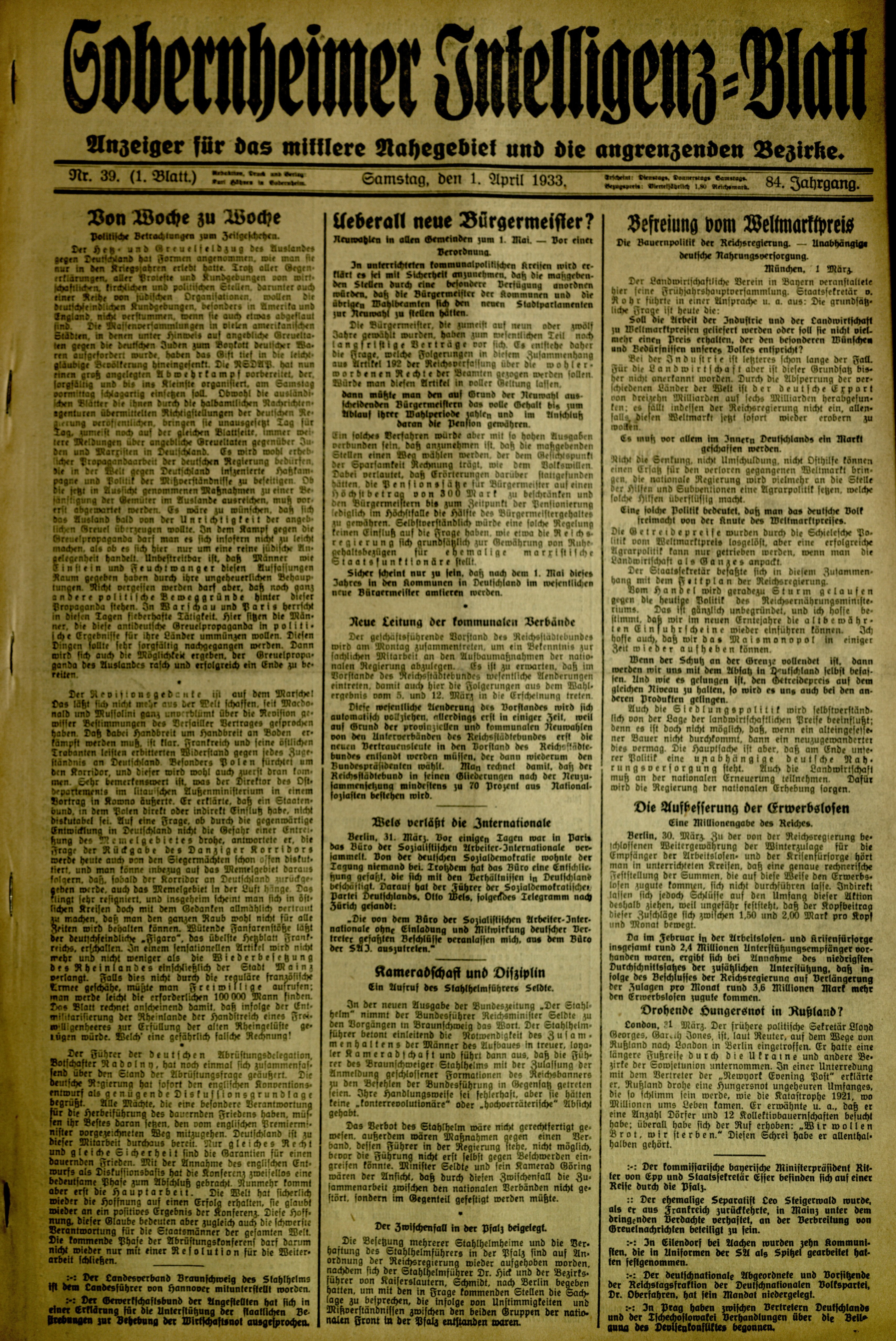 Zeitung: Sobernheimer Intelligenzblatt; April 1932, Jg. 84 Nr. 39 (Heimatmuseum Bad Sobernheim CC BY-NC-SA)