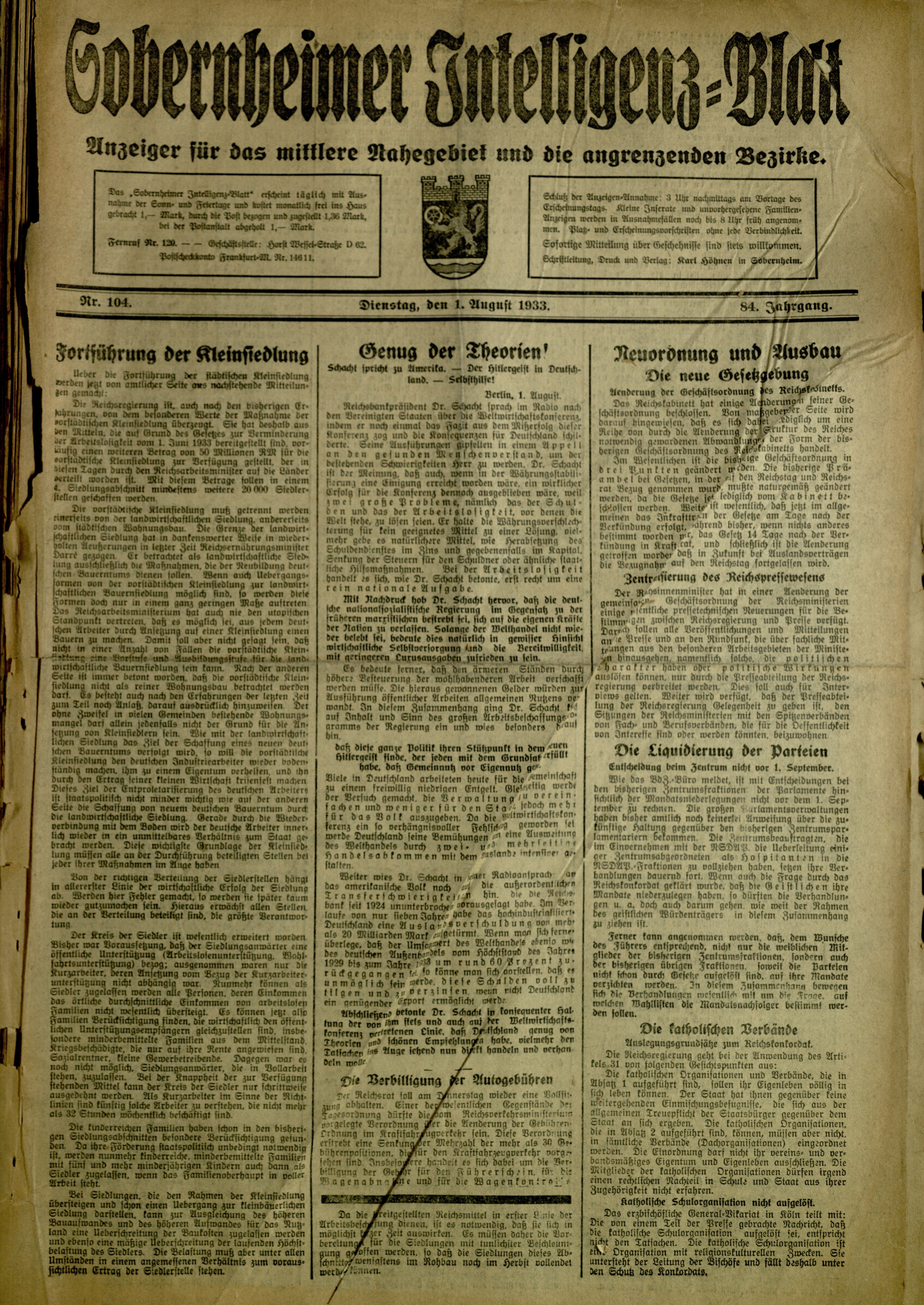 Zeitung: Sobernheimer Intelligenzblatt; August 1933, Jg. 84 Nr. 104 (Heimatmuseum Bad Sobernheim CC BY-NC-SA)