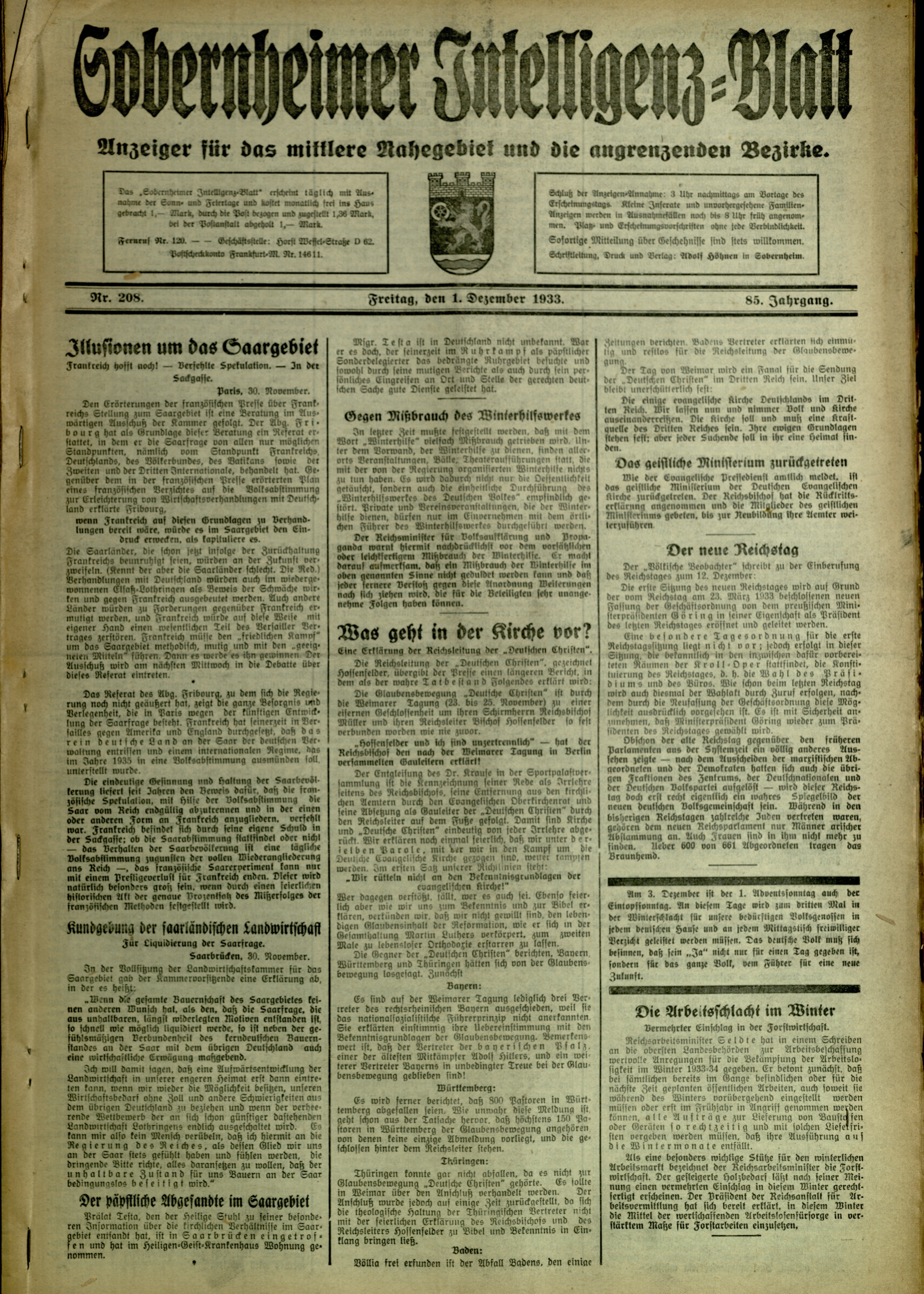 Zeitung: Sobernheimer Intelligenzblatt; Dezember 1933, Jg. 84 Nr. 205 (Heimatmuseum Bad Sobernheim CC BY-NC-SA)