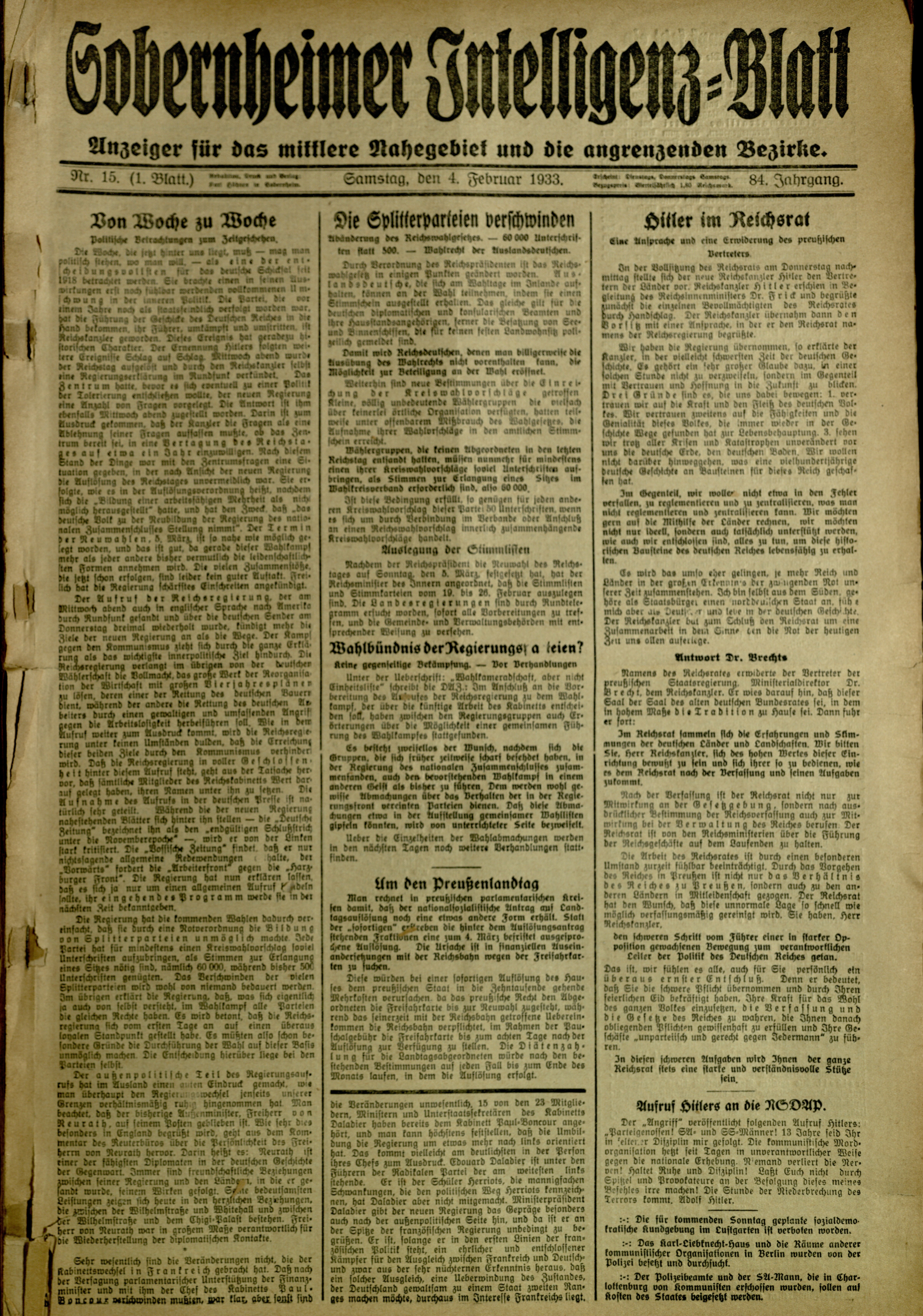 Zeitung: Sobernheimer Intelligenzblatt; Februar 1933, Jg. 84 Nr. 15 (Heimatmuseum Bad Sobernheim CC BY-NC-SA)