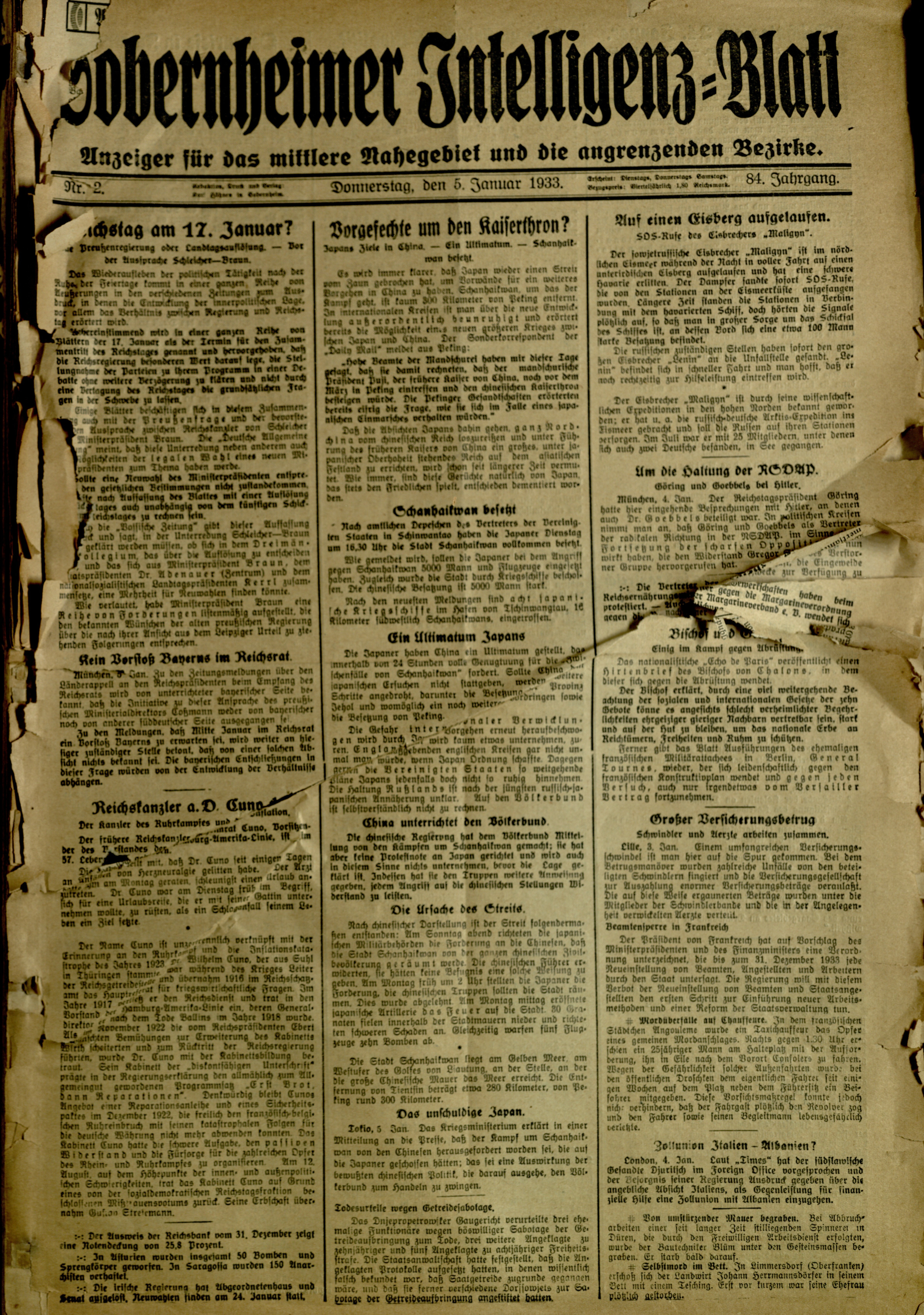 Zeitung: Sobernheimer Intelligenzblatt; Januar 1933, Jg. 84 Nr. 2 (Heimatmuseum Bad Sobernheim CC BY-NC-SA)