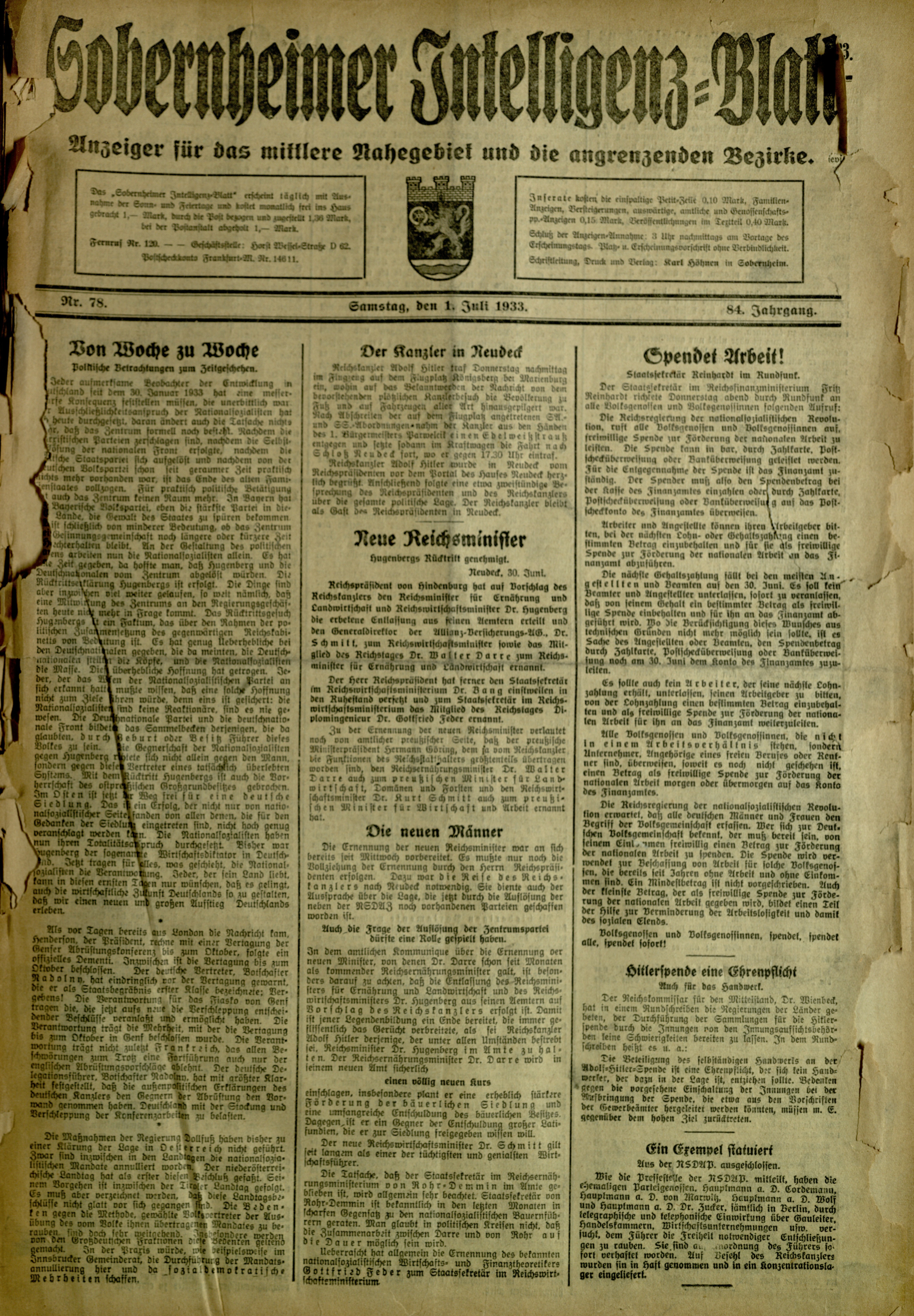 Zeitung: Sobernheimer Intelligenzblatt; Juli 1933, Jg. 84 Nr. 78 (Heimatmuseum Bad Sobernheim CC BY-NC-SA)