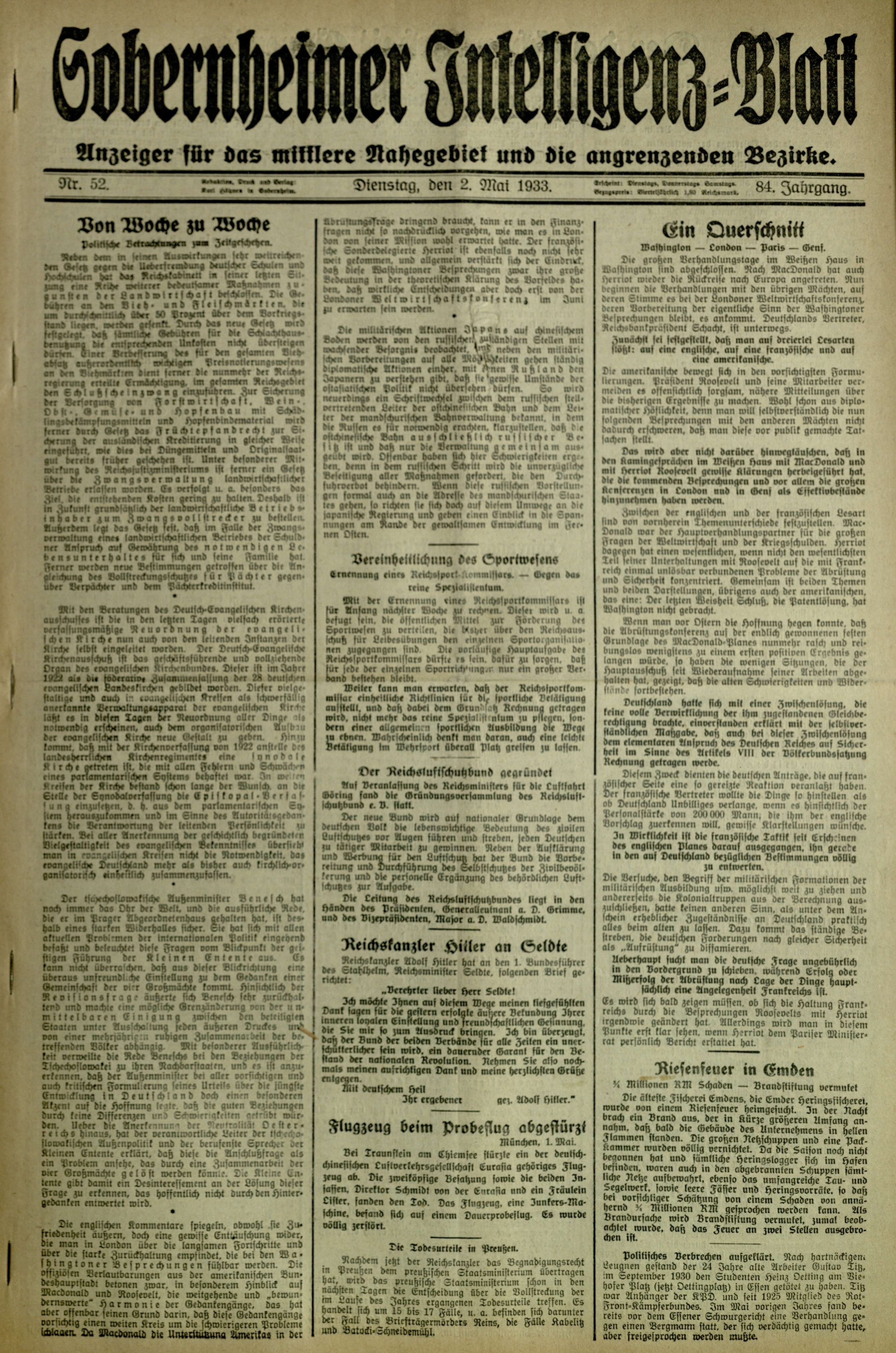 Zeitung: Sobernheimer Intelligenzblatt; Mai 1933, Jg. 84 Nr. 33 (Heimatmuseum Bad Sobernheim CC BY-NC-SA)
