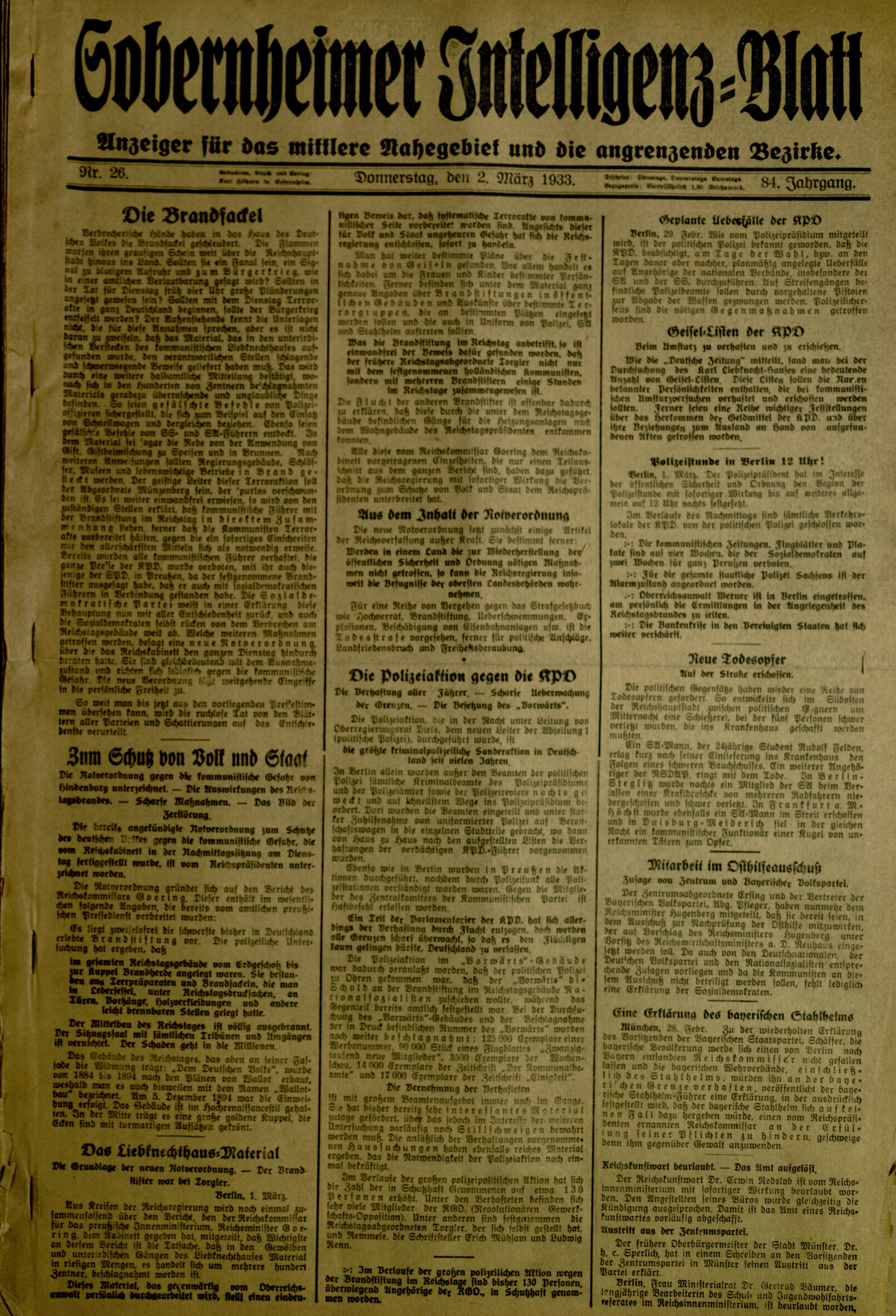 Zeitung: Sobernheimer Intelligenzblatt; März 1933, Jg. 84 Nr. 26 (Heimatmuseum Bad Sobernheim CC BY-NC-SA)