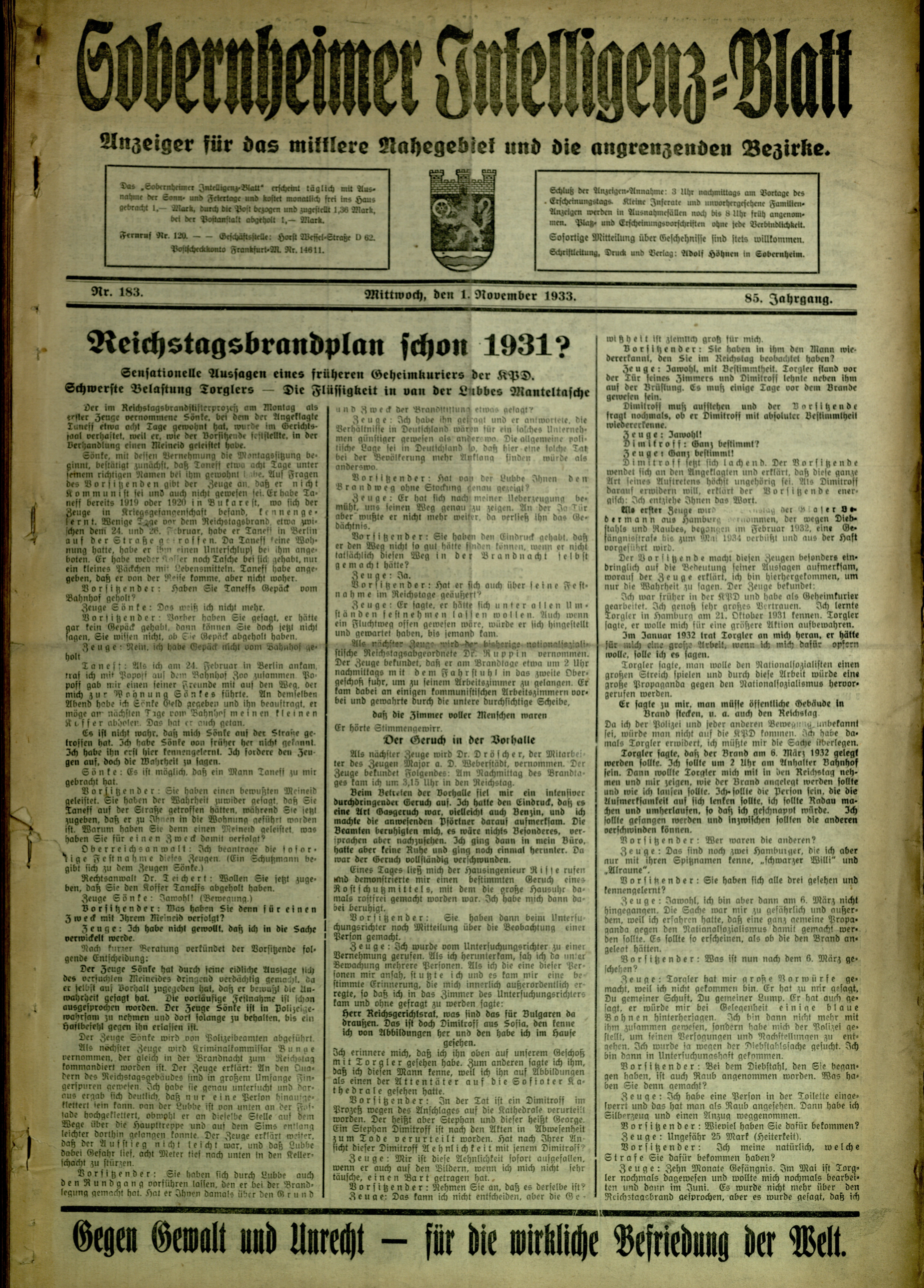 Zeitung: Sobernheimer Intelligenzblatt; November 1933, Jg. 84 Nr. 153 (Heimatmuseum Bad Sobernheim CC BY-NC-SA)