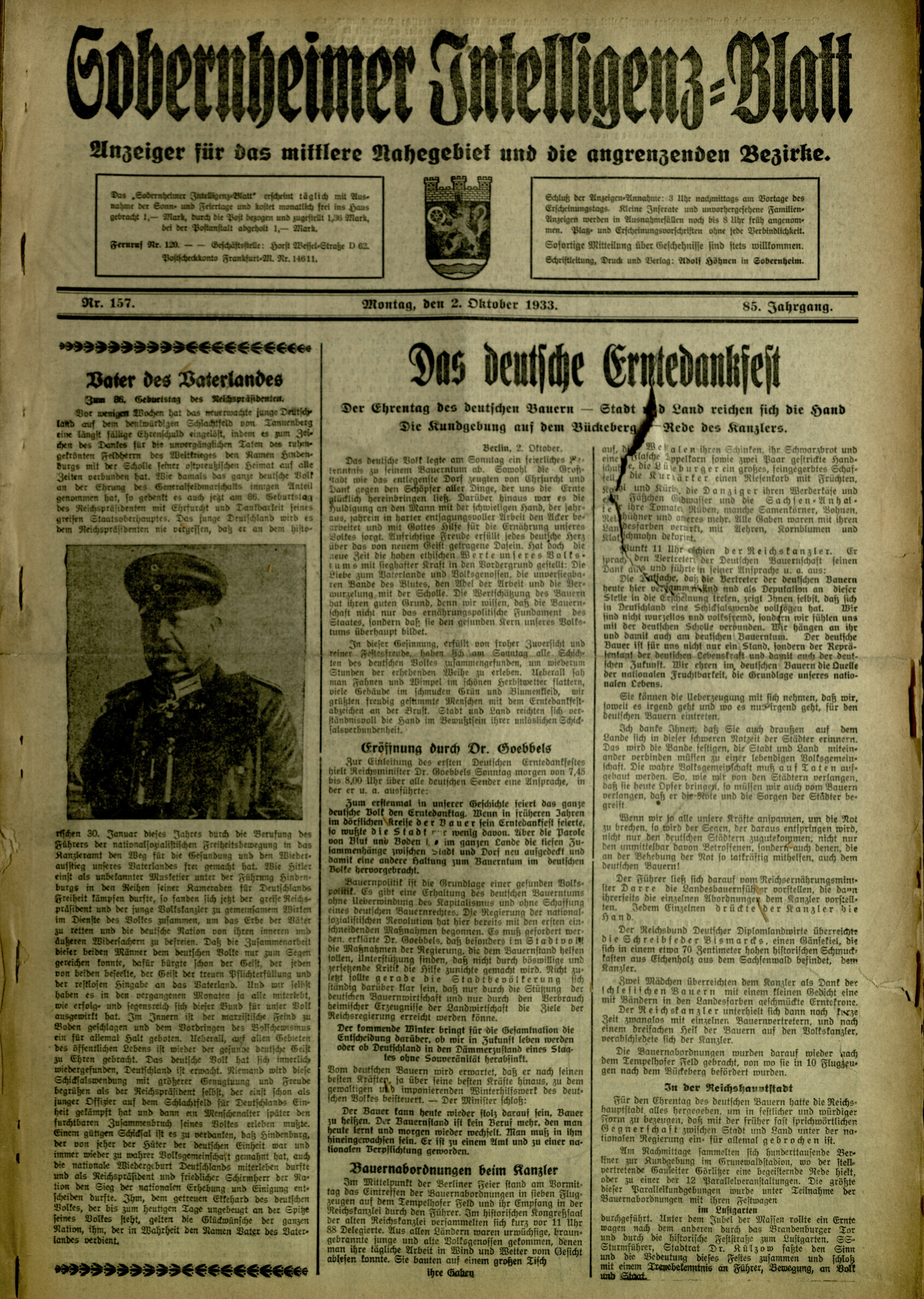 Zeitung: Sobernheimer Intelligenzblatt; Oktober 1933, Jg. 84 Nr. 157 (Heimatmuseum Bad Sobernheim CC BY-NC-SA)