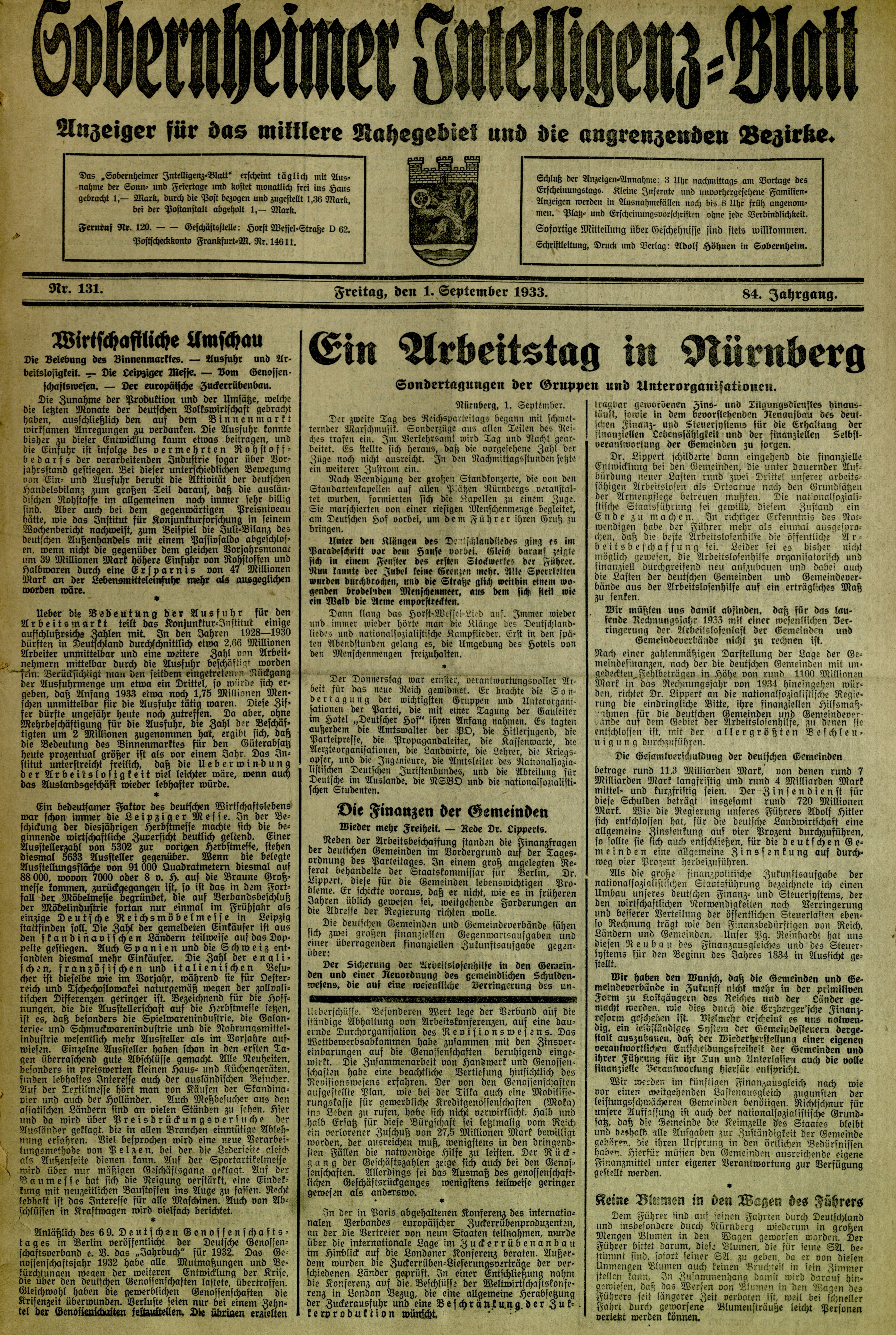 Zeitung: Sobernheimer Intelligenzblatt; September 1933, Jg. 84 Nr. 131 (Heimatmuseum Bad Sobernheim CC BY-NC-SA)