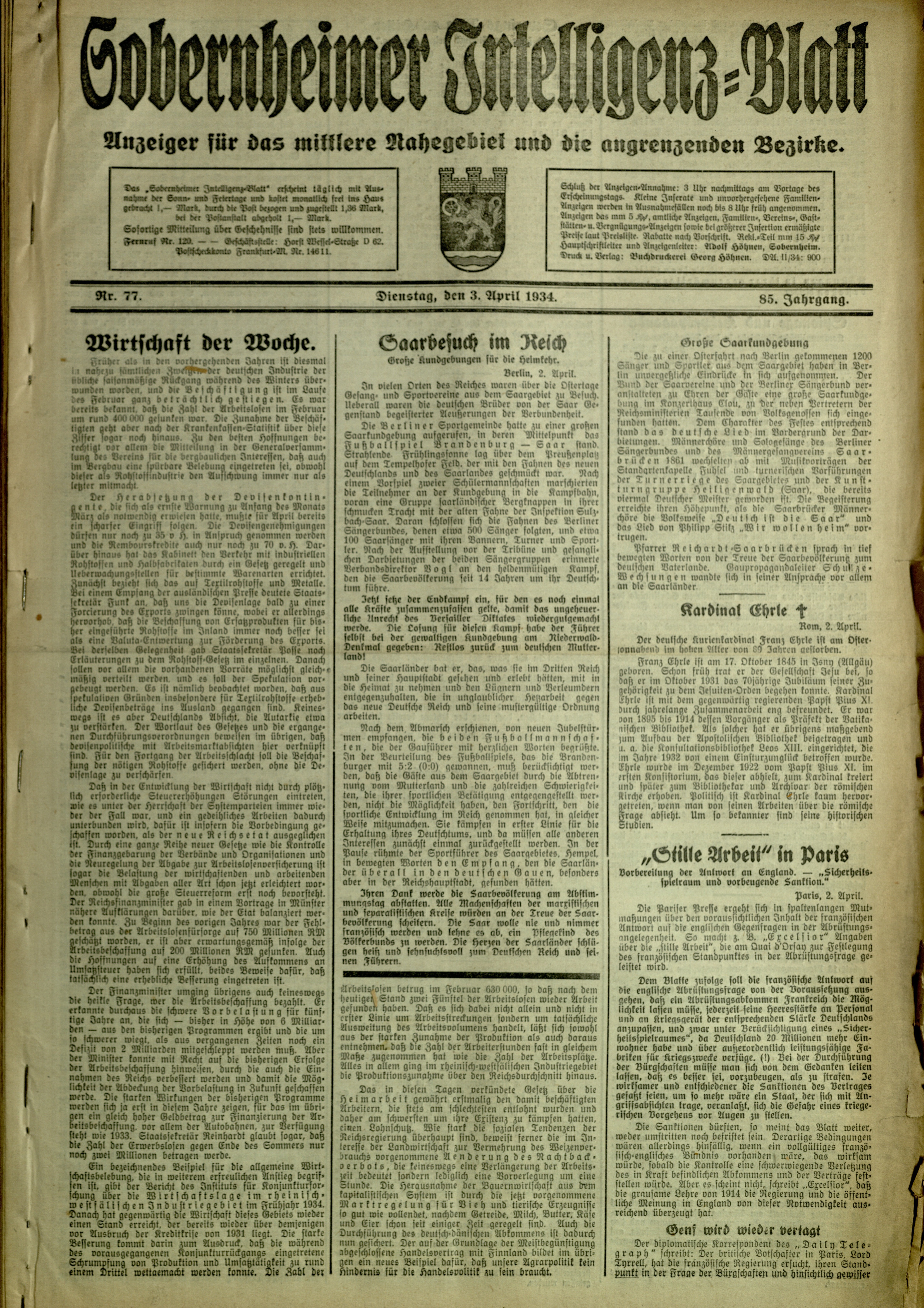 Zeitung: Sobernheimer Intelligenzblatt; April 1934, Jg. 85 Nr. 77 (Heimatmuseum Bad Sobernheim CC BY-NC-SA)