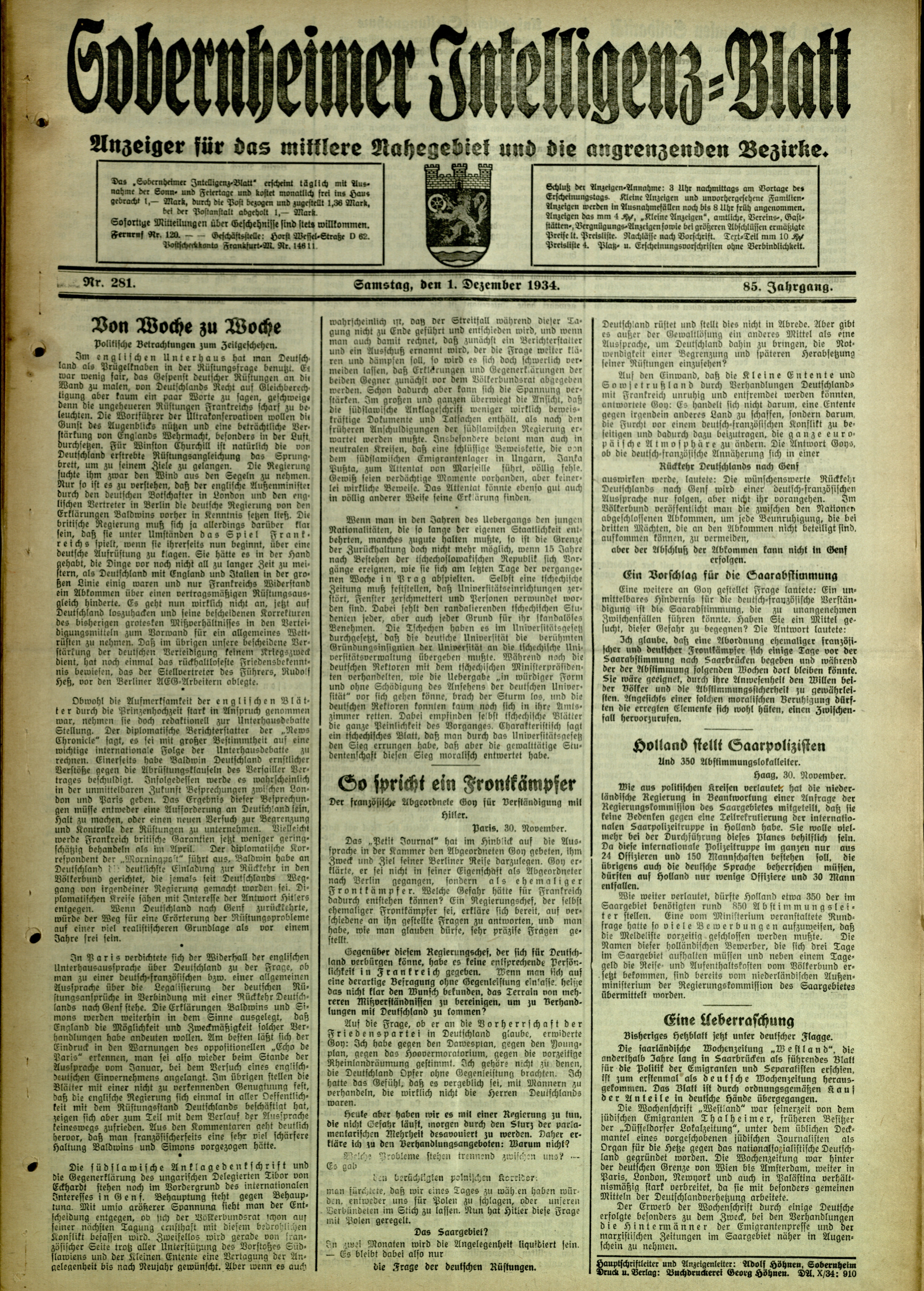 Zeitung: Sobernheimer Intelligenzblatt; Dezember 1934, Jg. 85 Nr. 281 (Heimatmuseum Bad Sobernheim CC BY-NC-SA)