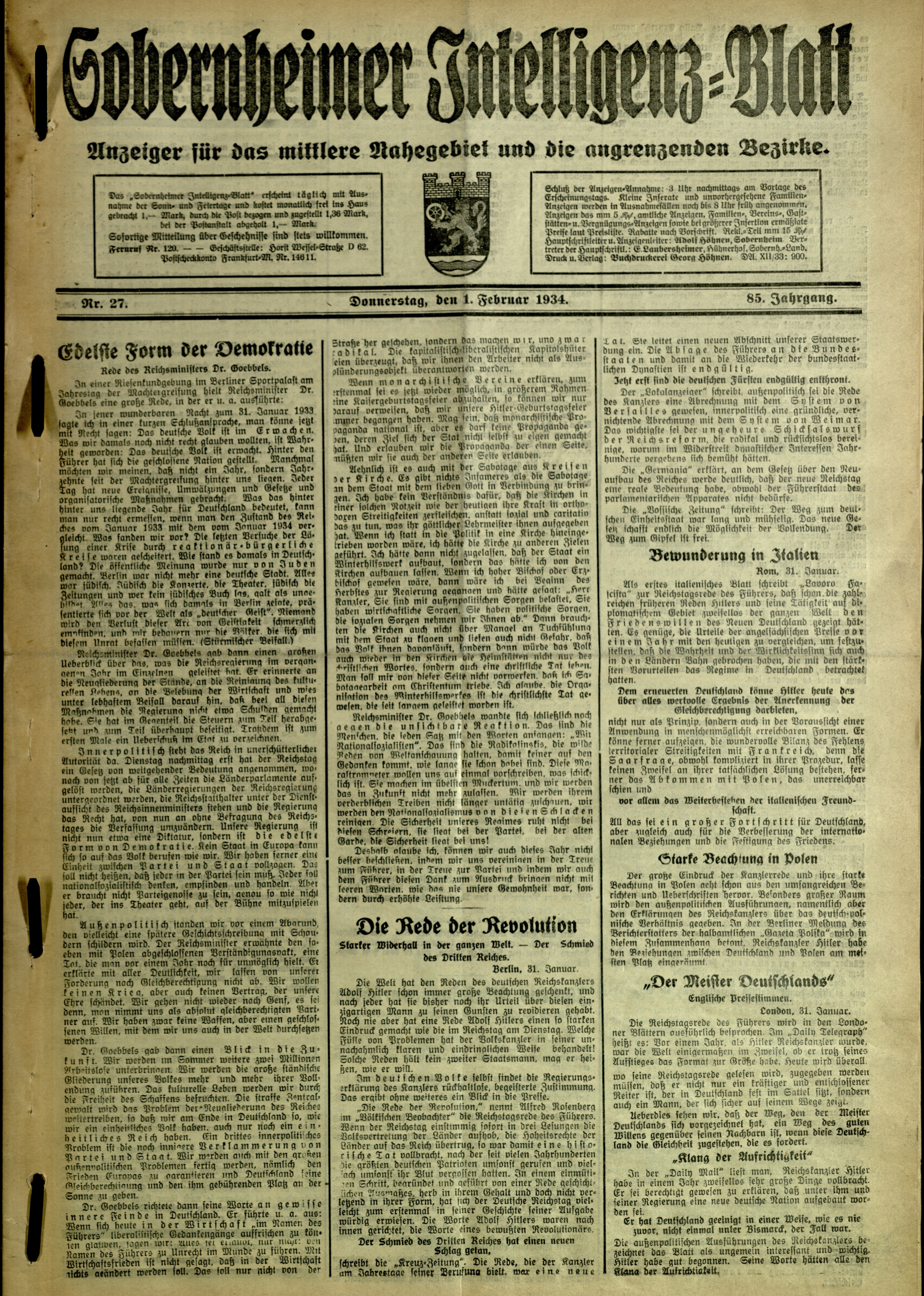 Zeitung: Sobernheimer Intelligenzblatt; Februar 1934, Jg. 85 Nr. 27 (Heimatmuseum Bad Sobernheim CC BY-NC-SA)