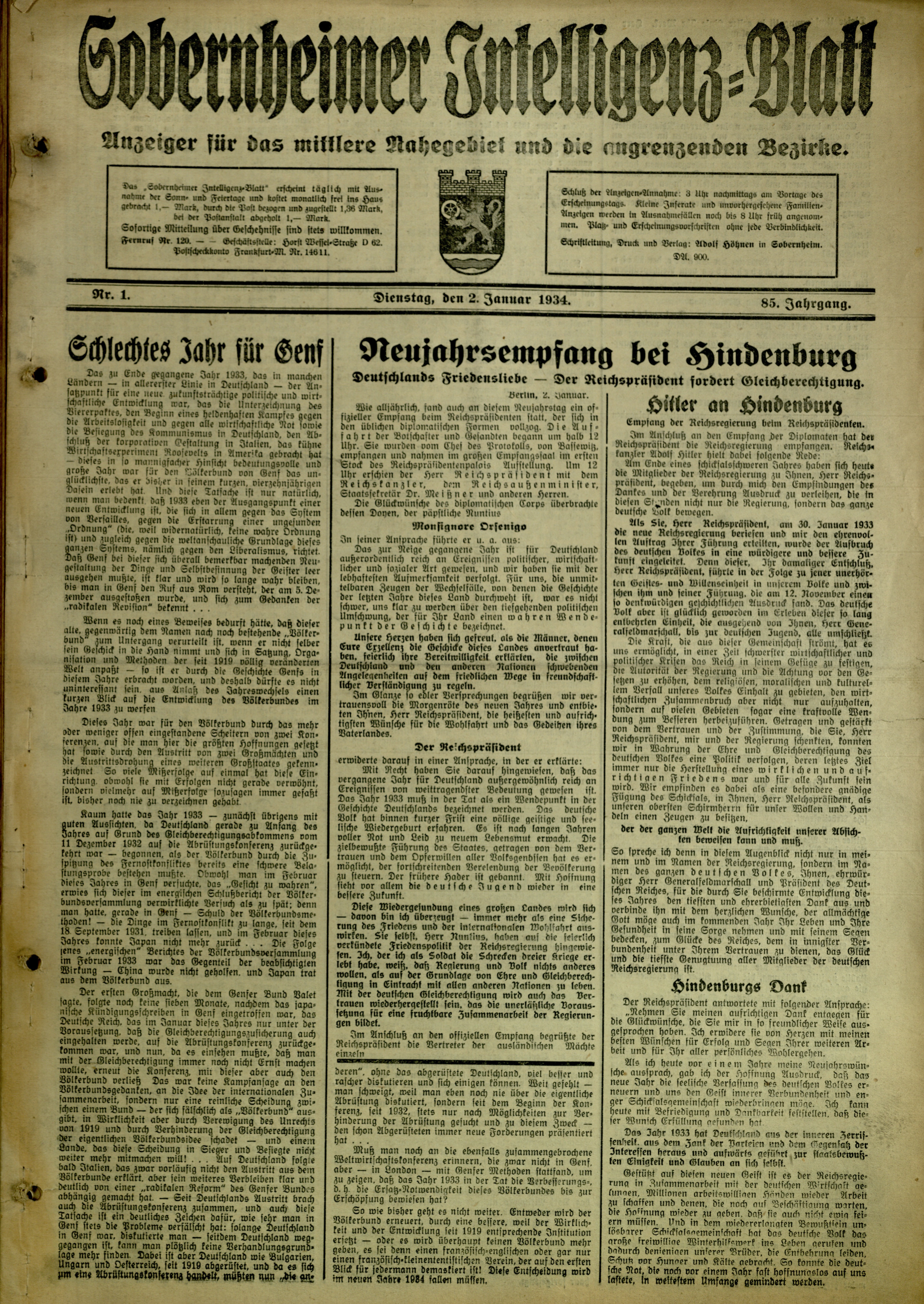 Zeitung: Sobernheimer Intelligenzblatt; Januar 1934, Jg. 85 Nr. 1 (Heimatmuseum Bad Sobernheim CC BY-NC-SA)