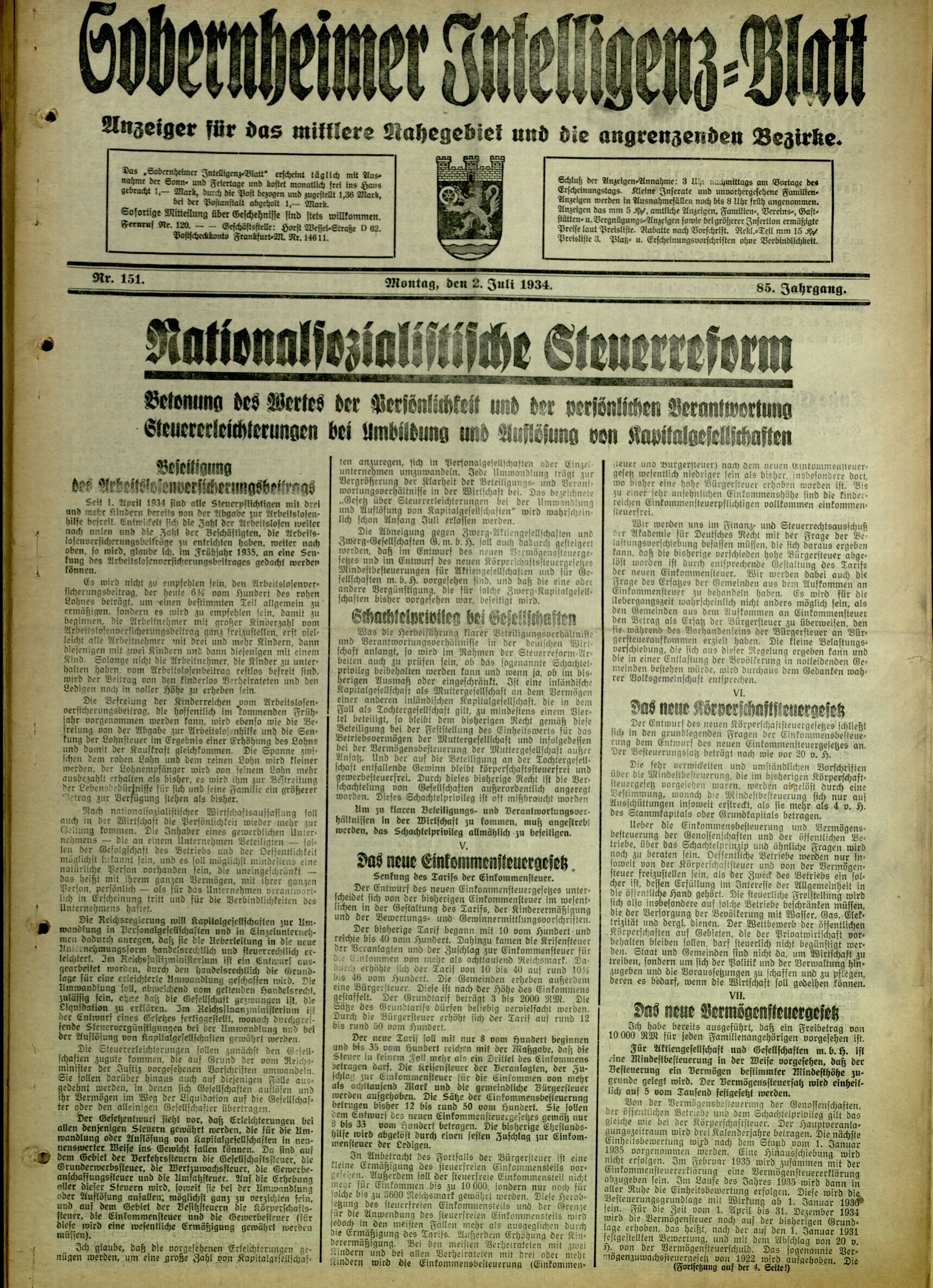 Zeitung: Sobernheimer Intelligenzblatt; Juli 1934, Jg. 85 Nr. 151 (Heimatmuseum Bad Sobernheim CC BY-NC-SA)