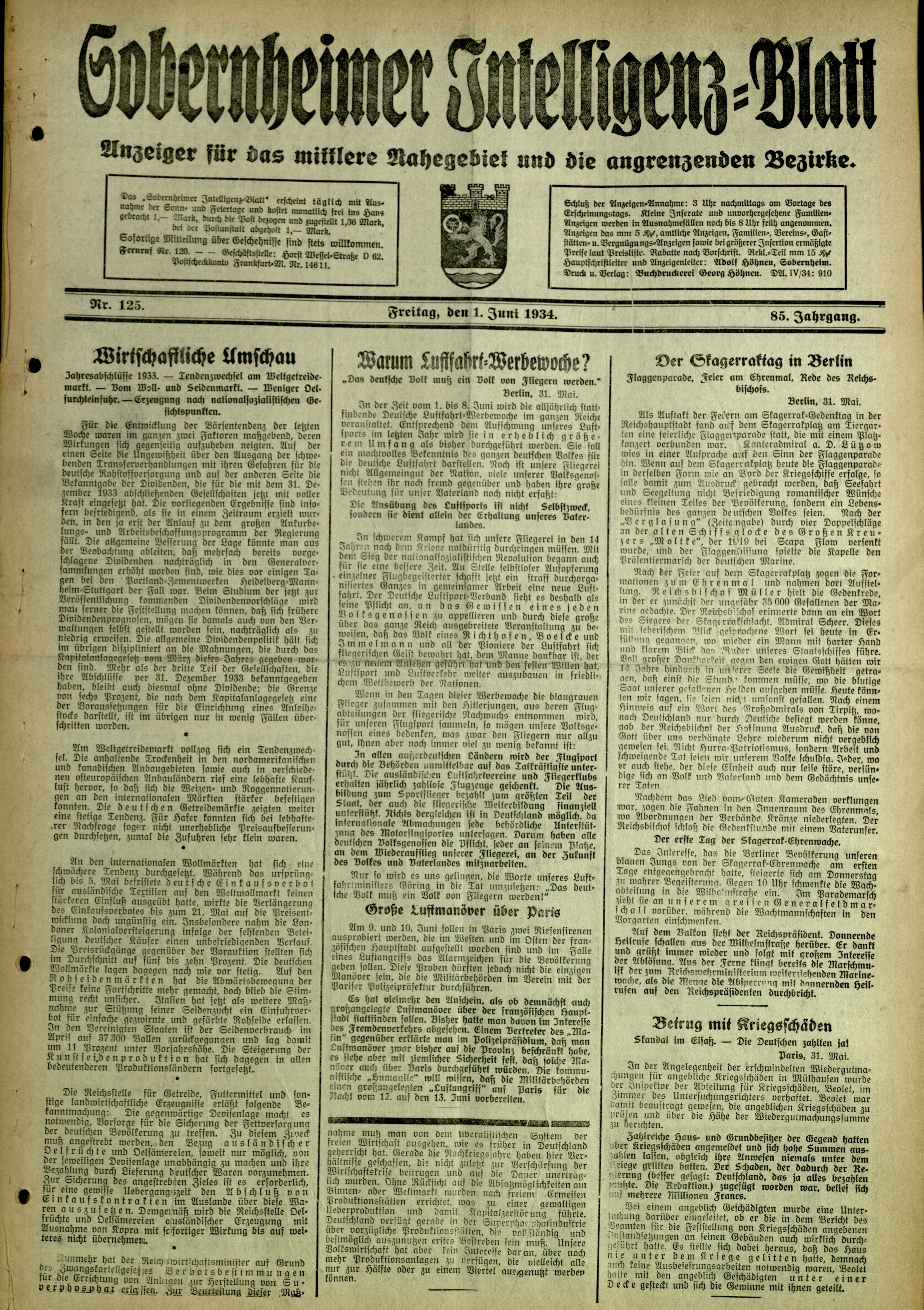 Zeitung: Sobernheimer Intelligenzblatt; Juni 1934, Jg. 85 Nr. 125 (Heimatmuseum Bad Sobernheim CC BY-NC-SA)
