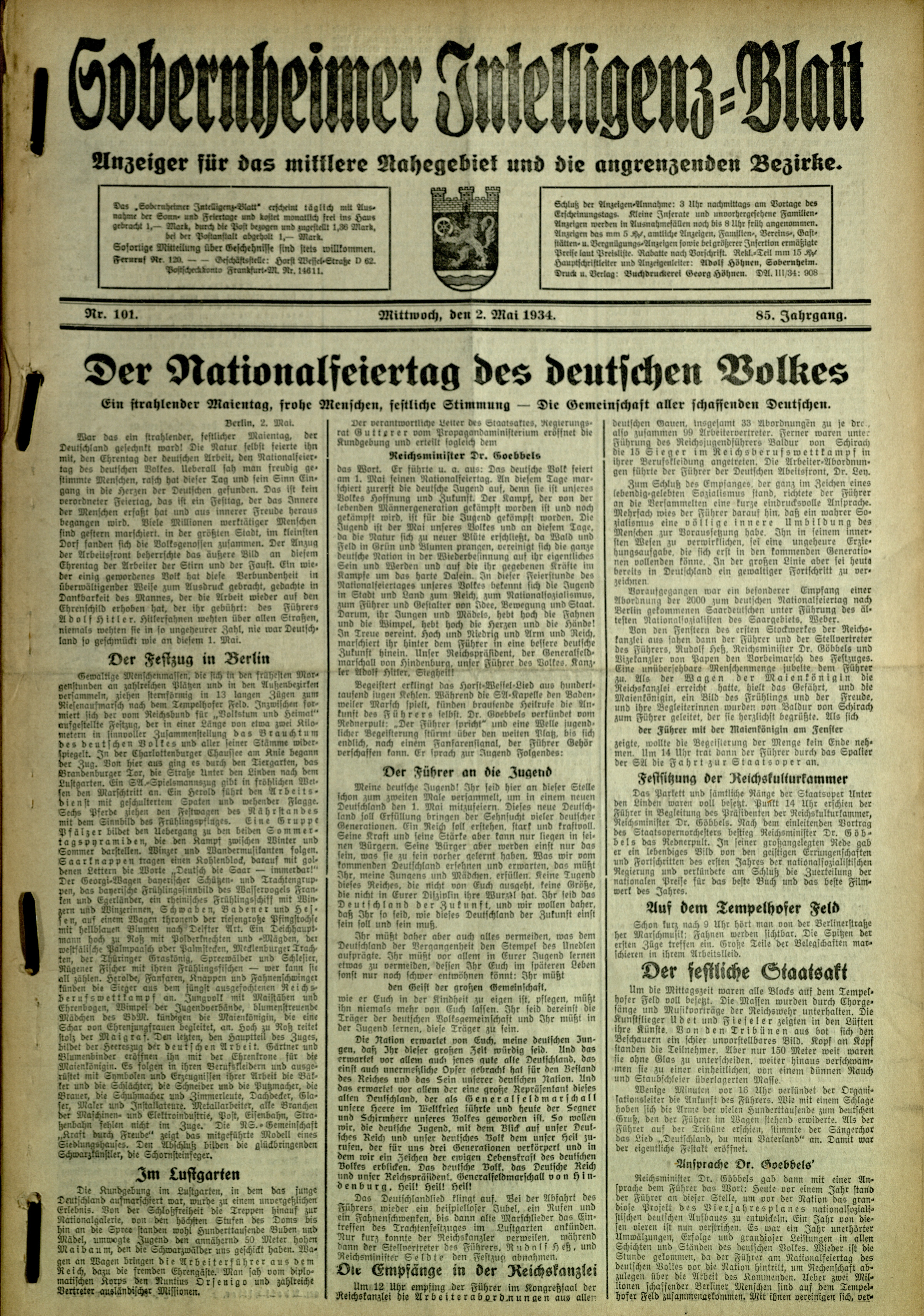 Zeitung: Sobernheimer Intelligenzblatt; Mai 1934, Jg. 85 Nr. 101 (Heimatmuseum Bad Sobernheim CC BY-NC-SA)
