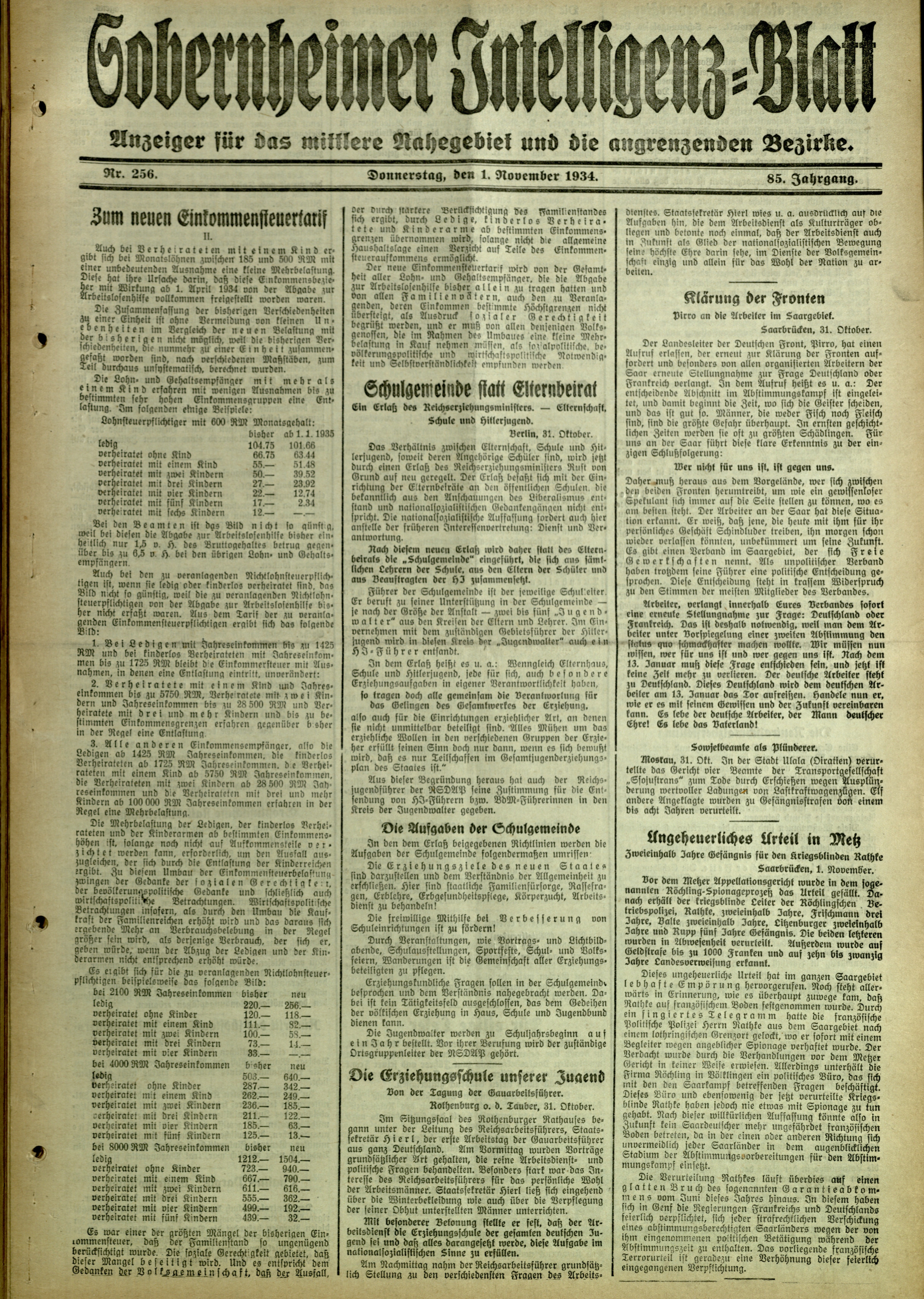 Zeitung: Sobernheimer Intelligenzblatt; November 1934, Jg. 85 Nr. 256 (Heimatmuseum Bad Sobernheim CC BY-NC-SA)