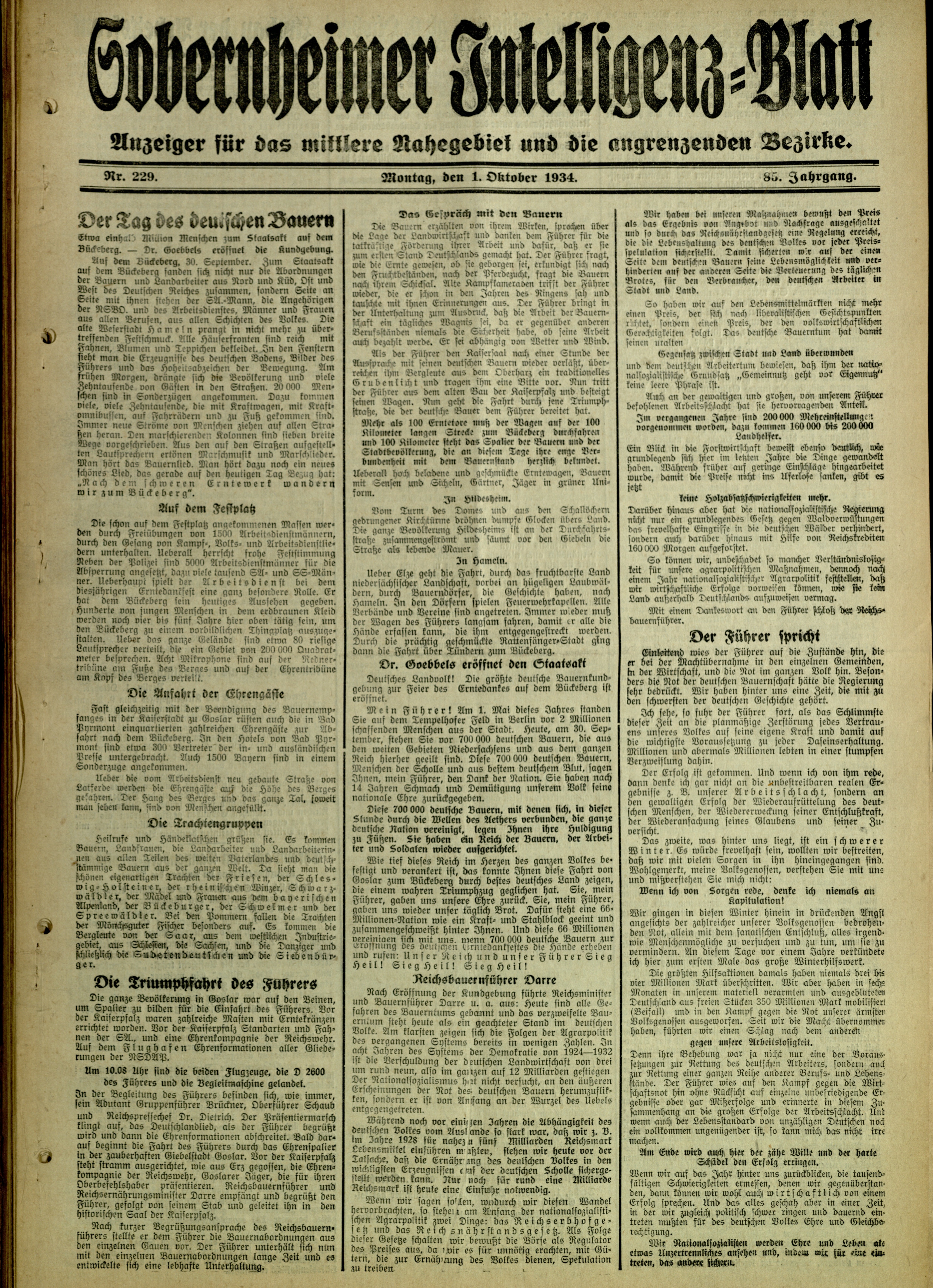 Zeitung: Sobernheimer Intelligenzblatt; Oktober 1934, Jg. 85 Nr. 229 (Heimatmuseum Bad Sobernheim CC BY-NC-SA)