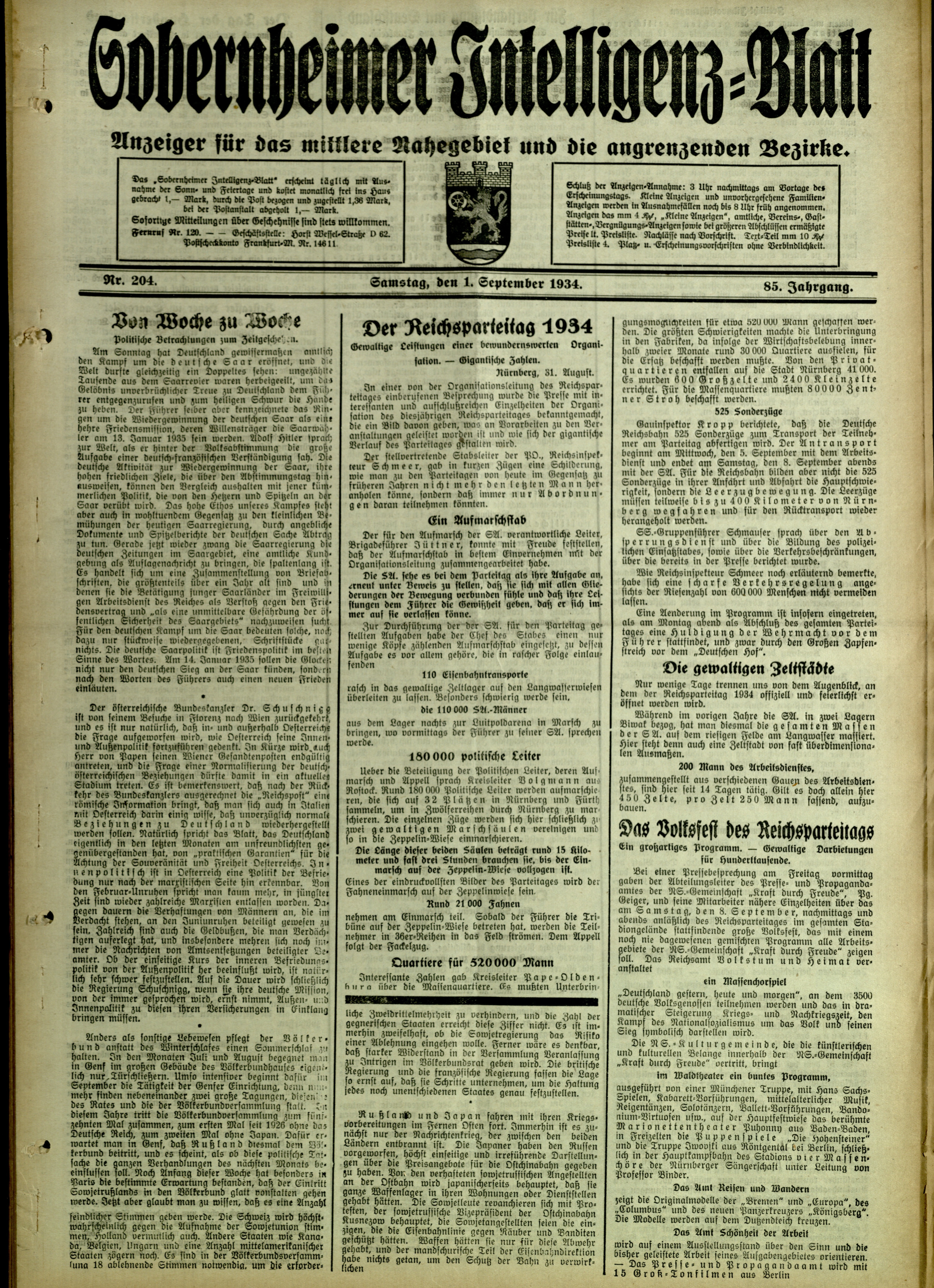 Zeitung: Sobernheimer Intelligenzblatt; September 1934, Jg. 85 Nr. 204 (Heimatmuseum Bad Sobernheim CC BY-NC-SA)