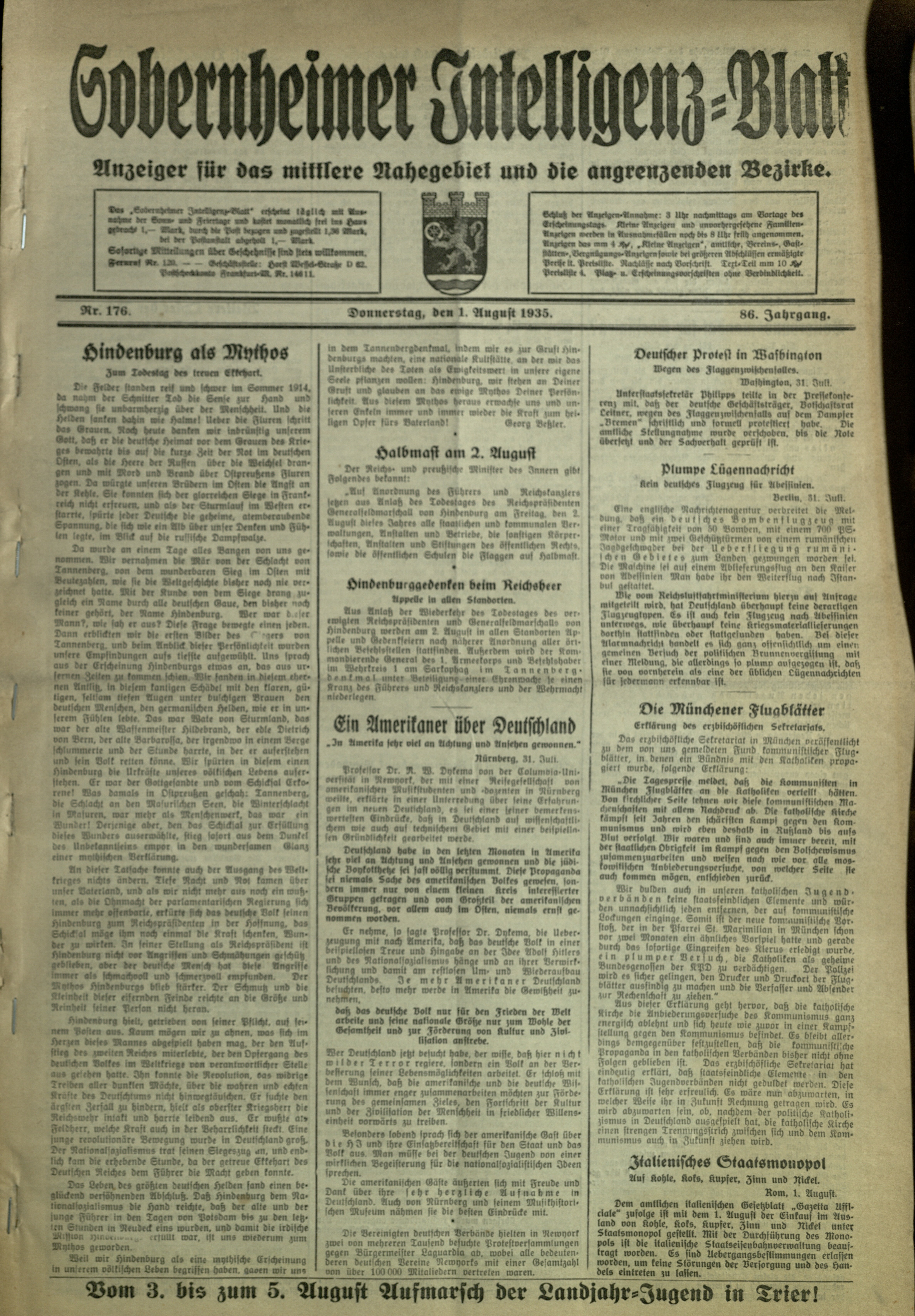 Zeitung: Sobernheimer Intelligenzblatt; August 1935, Jg. 86 Nr. 176 (Heimatmuseum Bad Sobernheim CC BY-NC-SA)