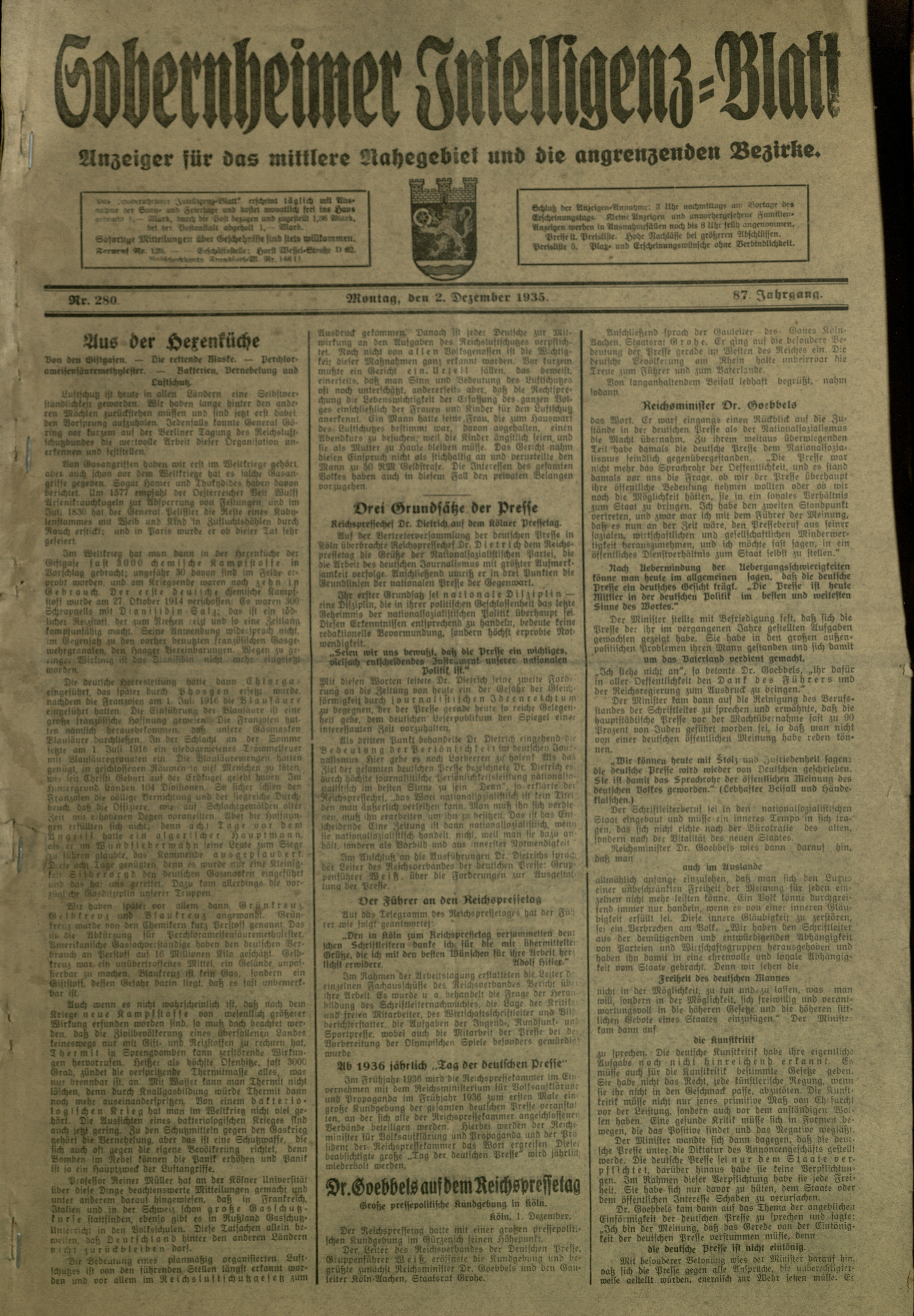 Zeitung: Sobernheimer Intelligenzblatt; Dezember 1935, Jg. 86 Nr. 280 (Heimatmuseum Bad Sobernheim CC BY-NC-SA)