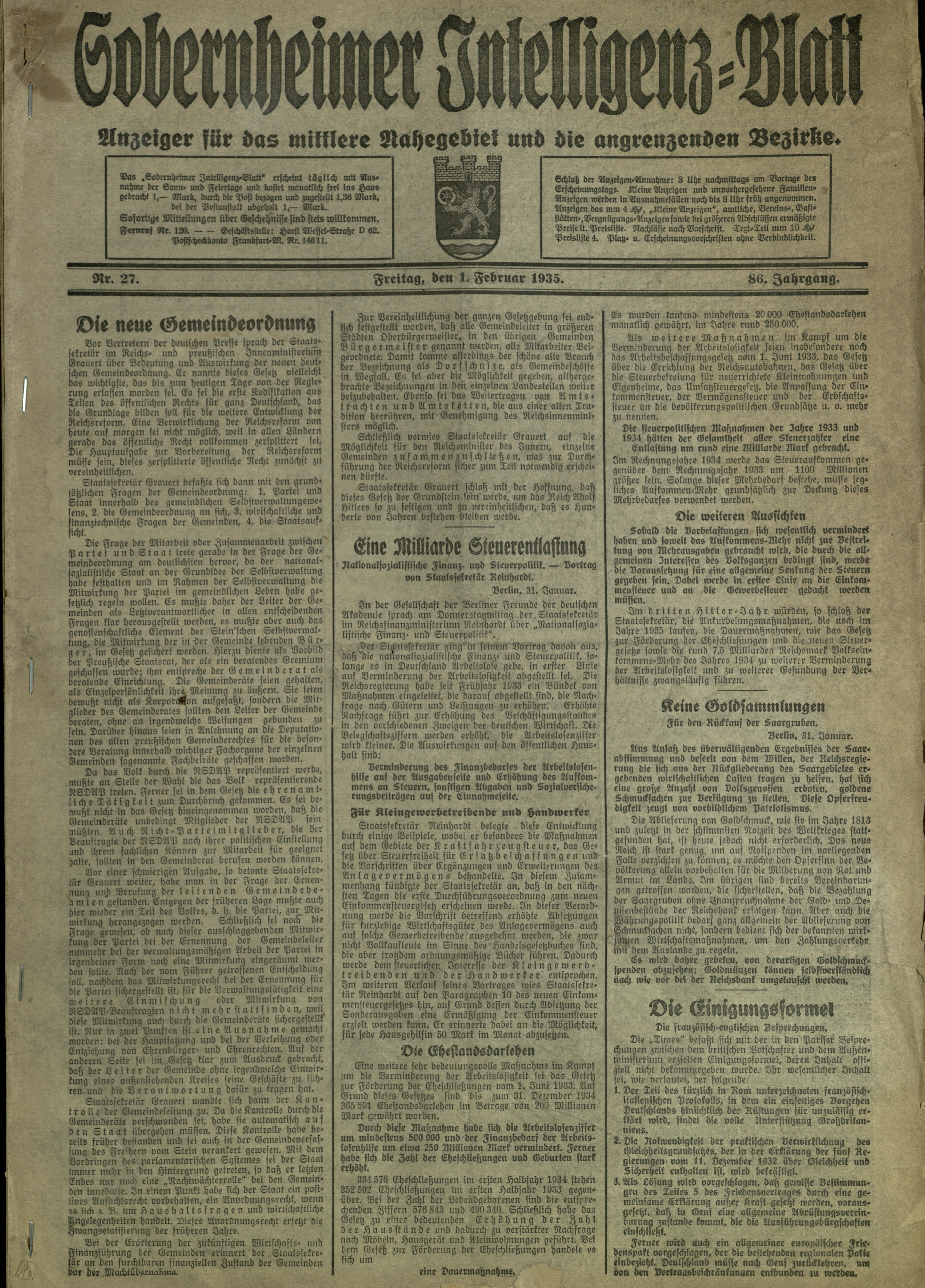 Zeitung: Sobernheimer Intelligenzblatt; Februar 1935, Jg. 86 Nr. 27 (Heimatmuseum Bad Sobernheim CC BY-NC-SA)