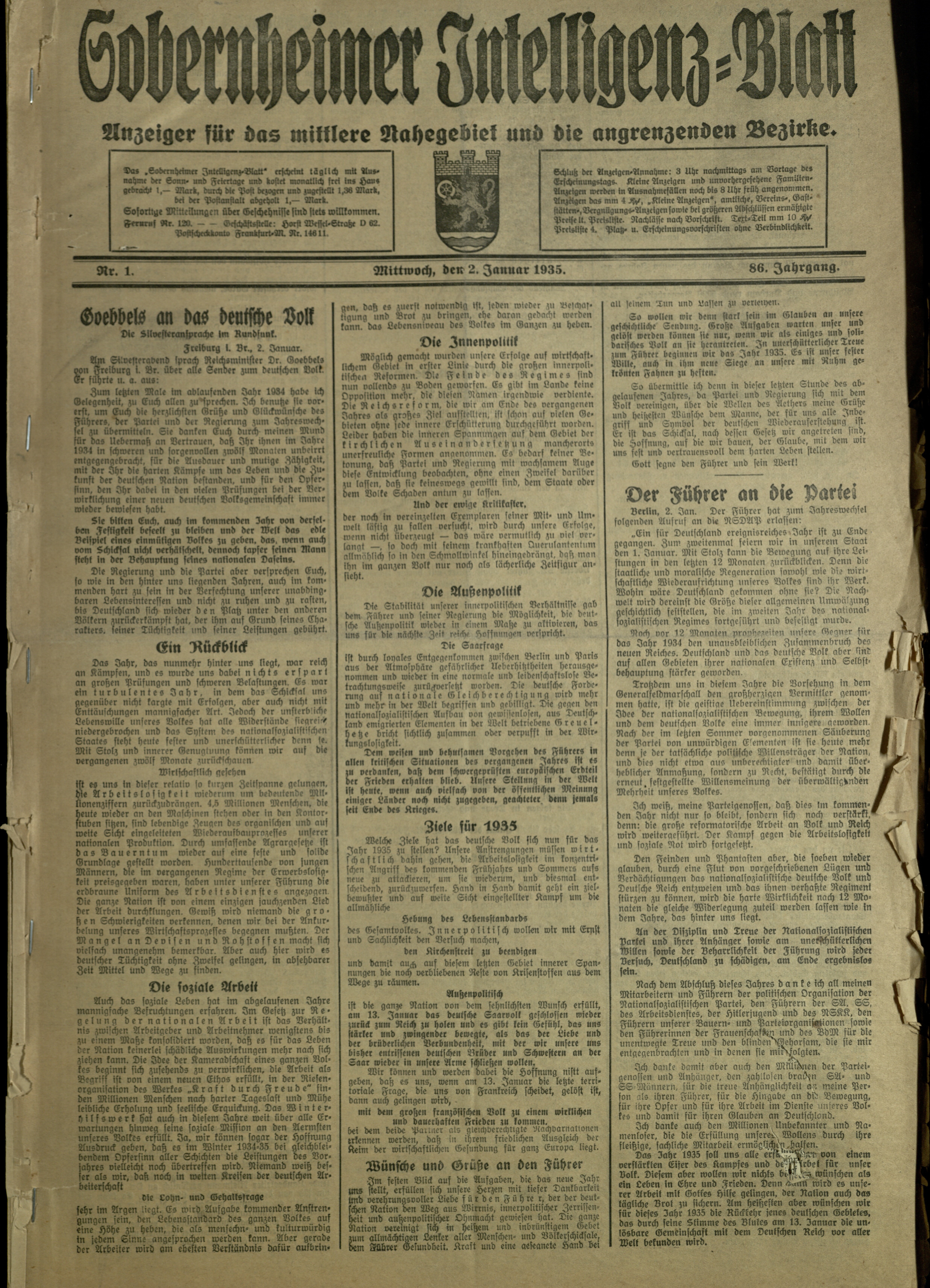 Zeitung: Sobernheimer Intelligenzblatt; Januar 1935, Jg. 86 Nr. 1 (Heimatmuseum Bad Sobernheim CC BY-NC-SA)