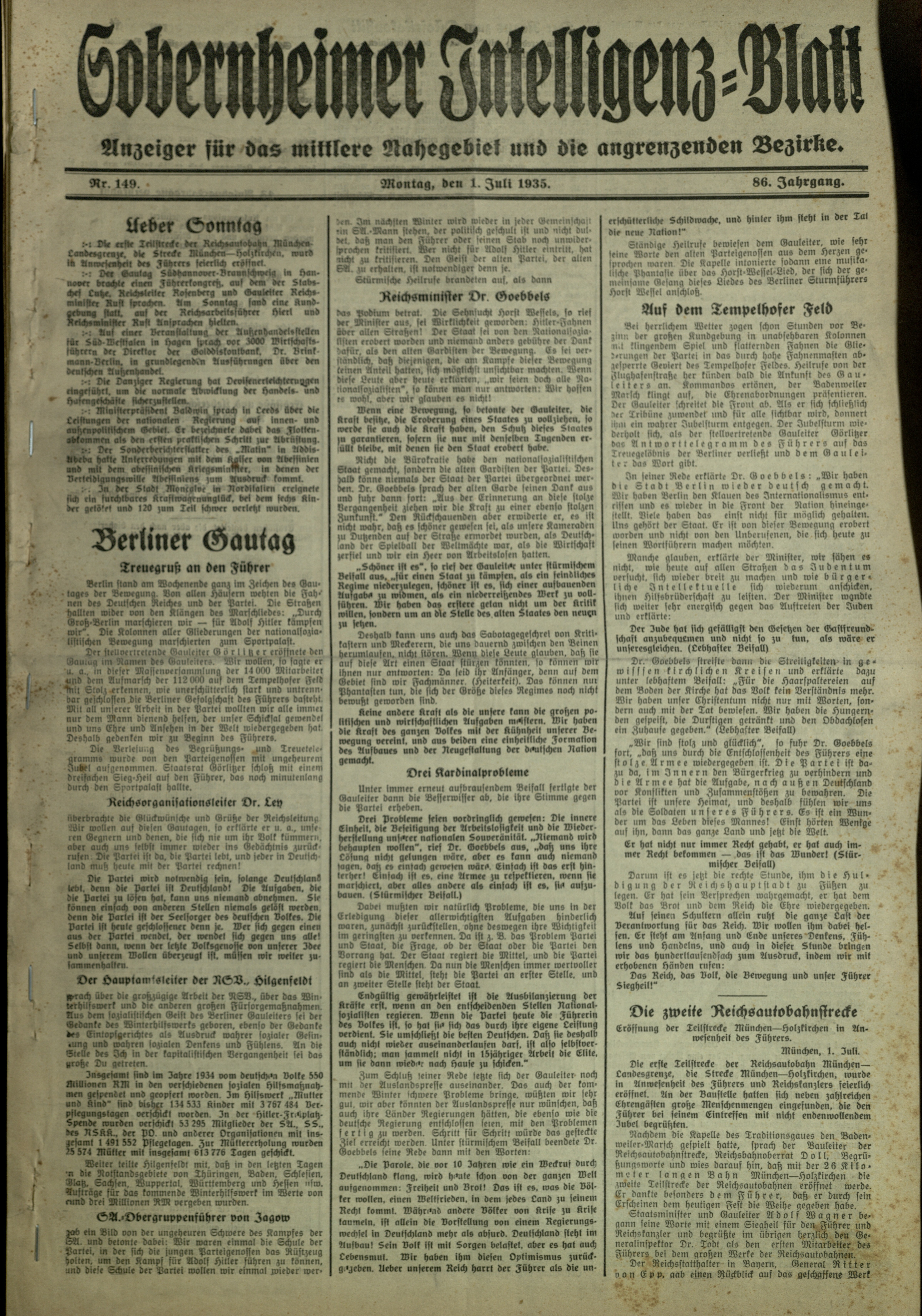 Zeitung: Sobernheimer Intelligenzblatt; Juli 1935, Jg. 86 Nr. 149 (Heimatmuseum Bad Sobernheim CC BY-NC-SA)
