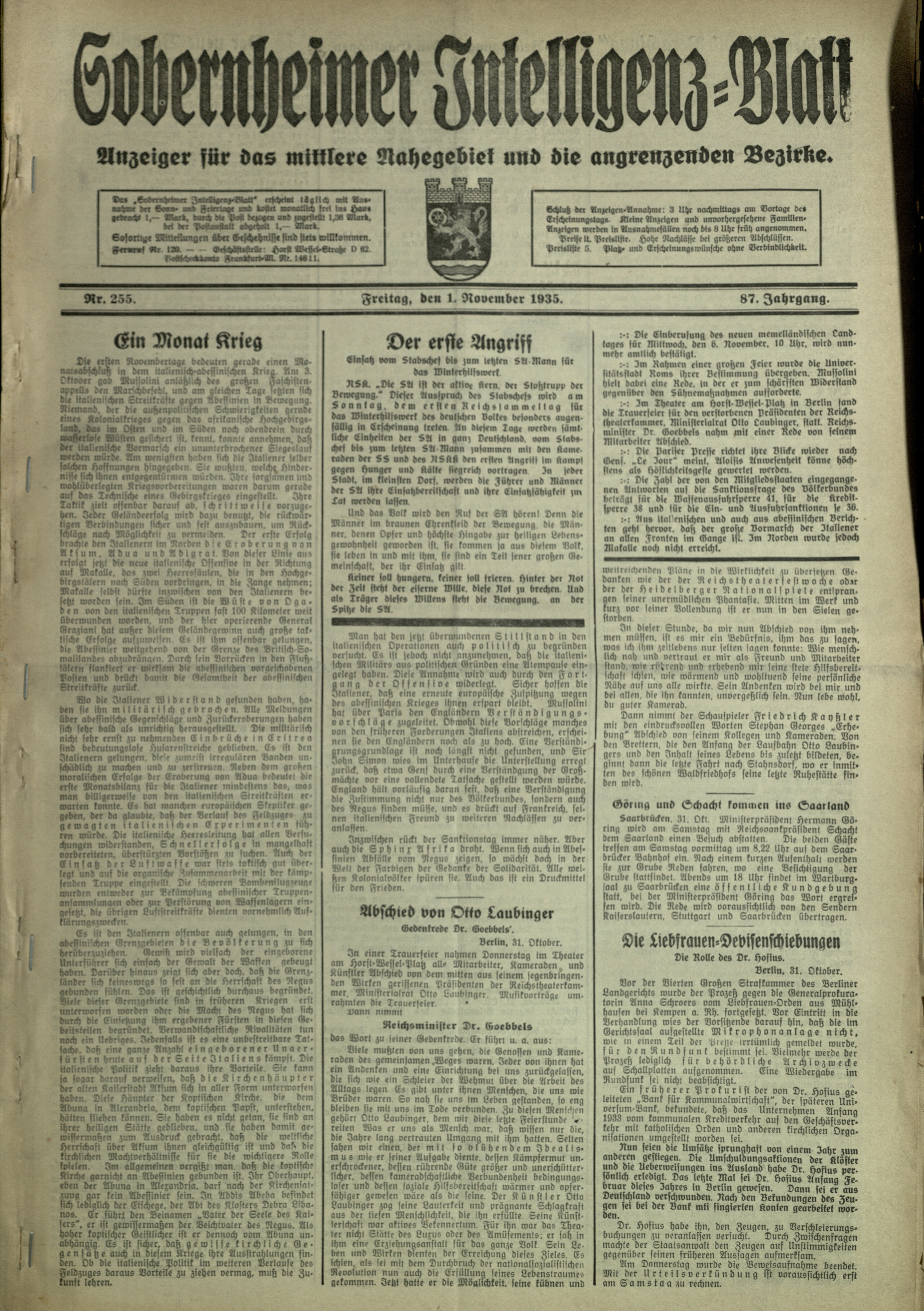 Zeitung: Sobernheimer Intelligenzblatt; November 1935, Jg. 86 Nr. 255 (Heimatmuseum Bad Sobernheim CC BY-NC-SA)