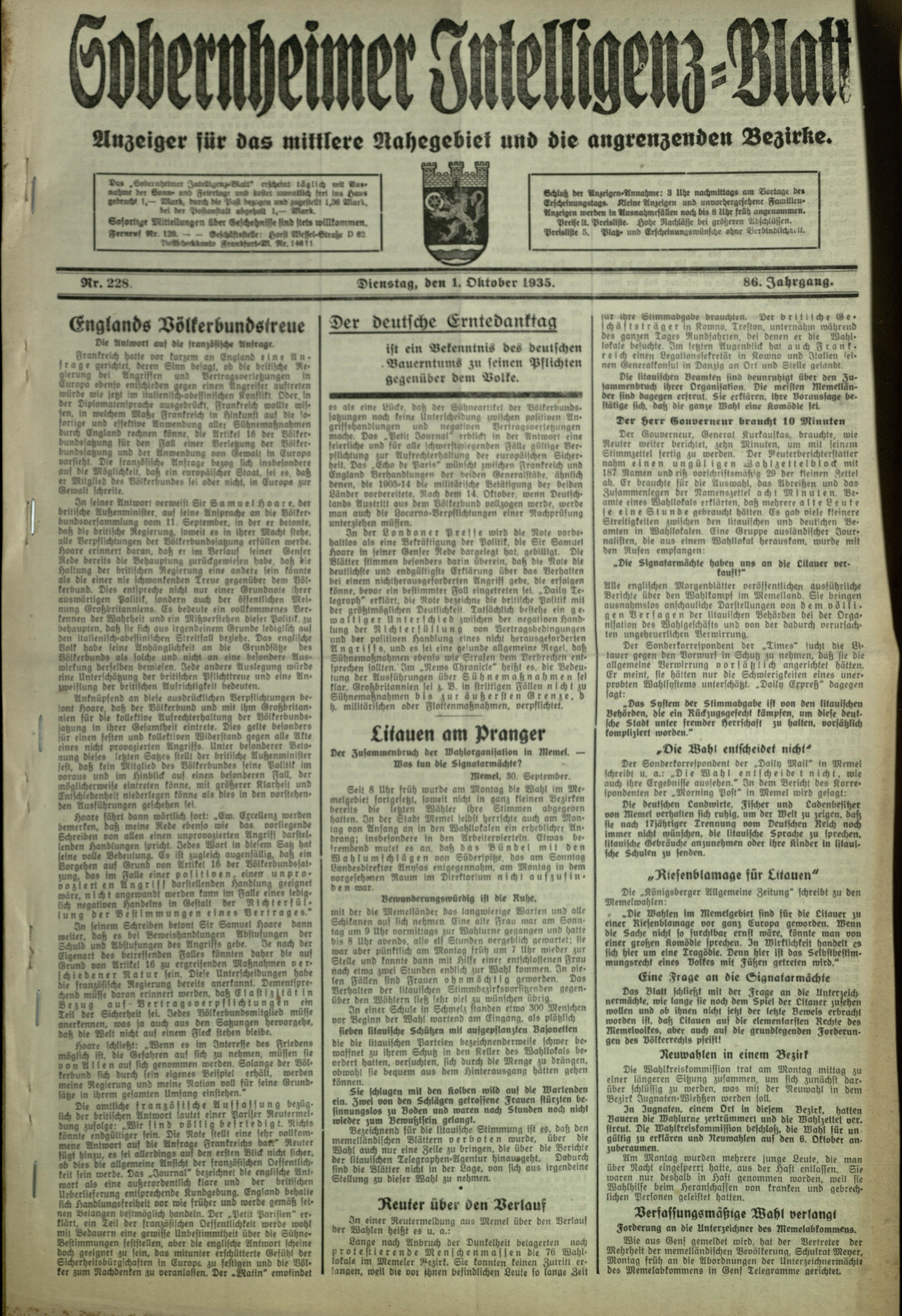 Zeitung: Sobernheimer Intelligenzblatt; Oktober 1935, Jg. 86 Nr. 228 (Heimatmuseum Bad Sobernheim CC BY-NC-SA)