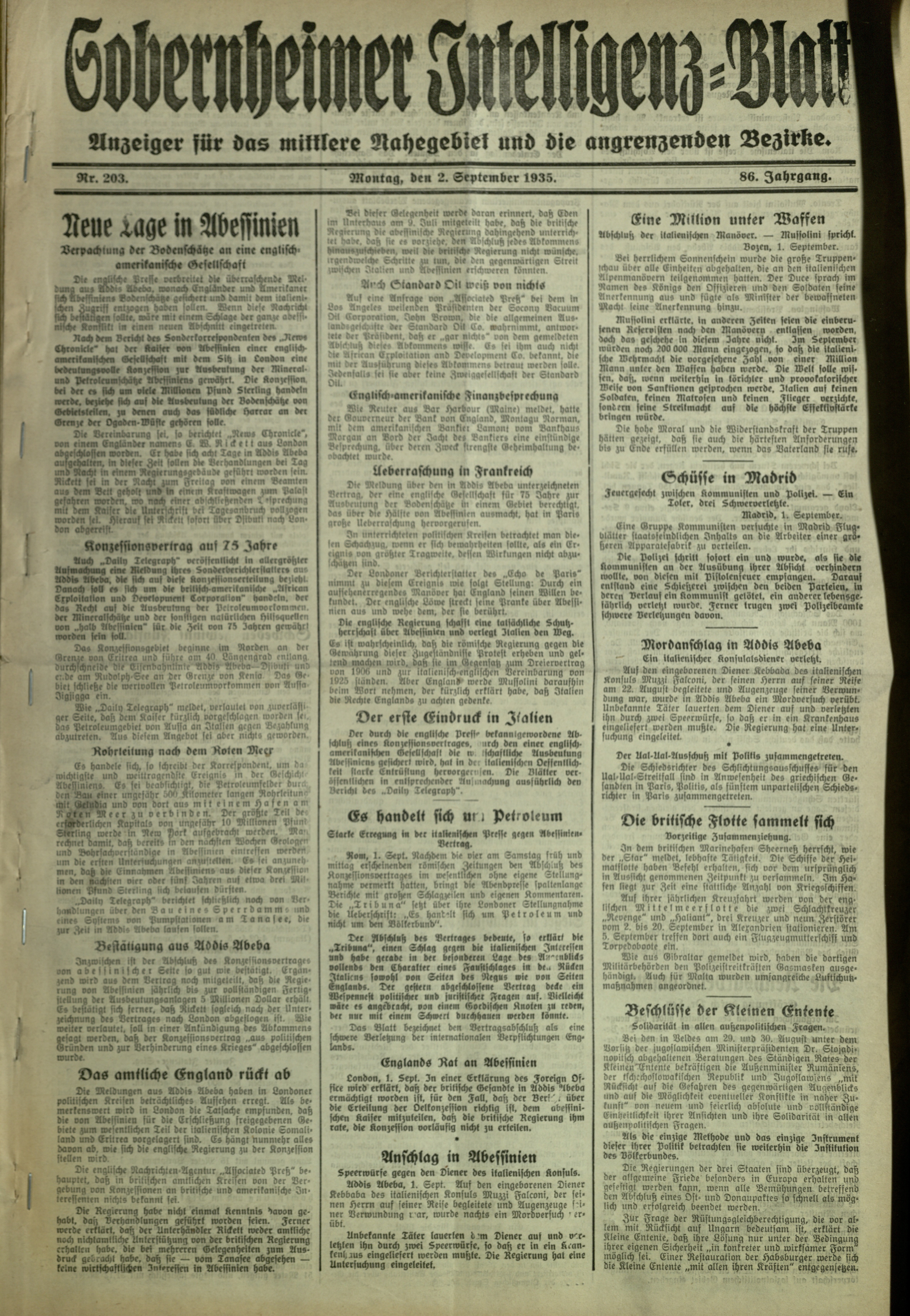 Zeitung: Sobernheimer Intelligenzblatt; September 1914 , Jg. 65, Nr. 203 (Heimatmuseum Bad Sobernheim CC BY-NC-SA)