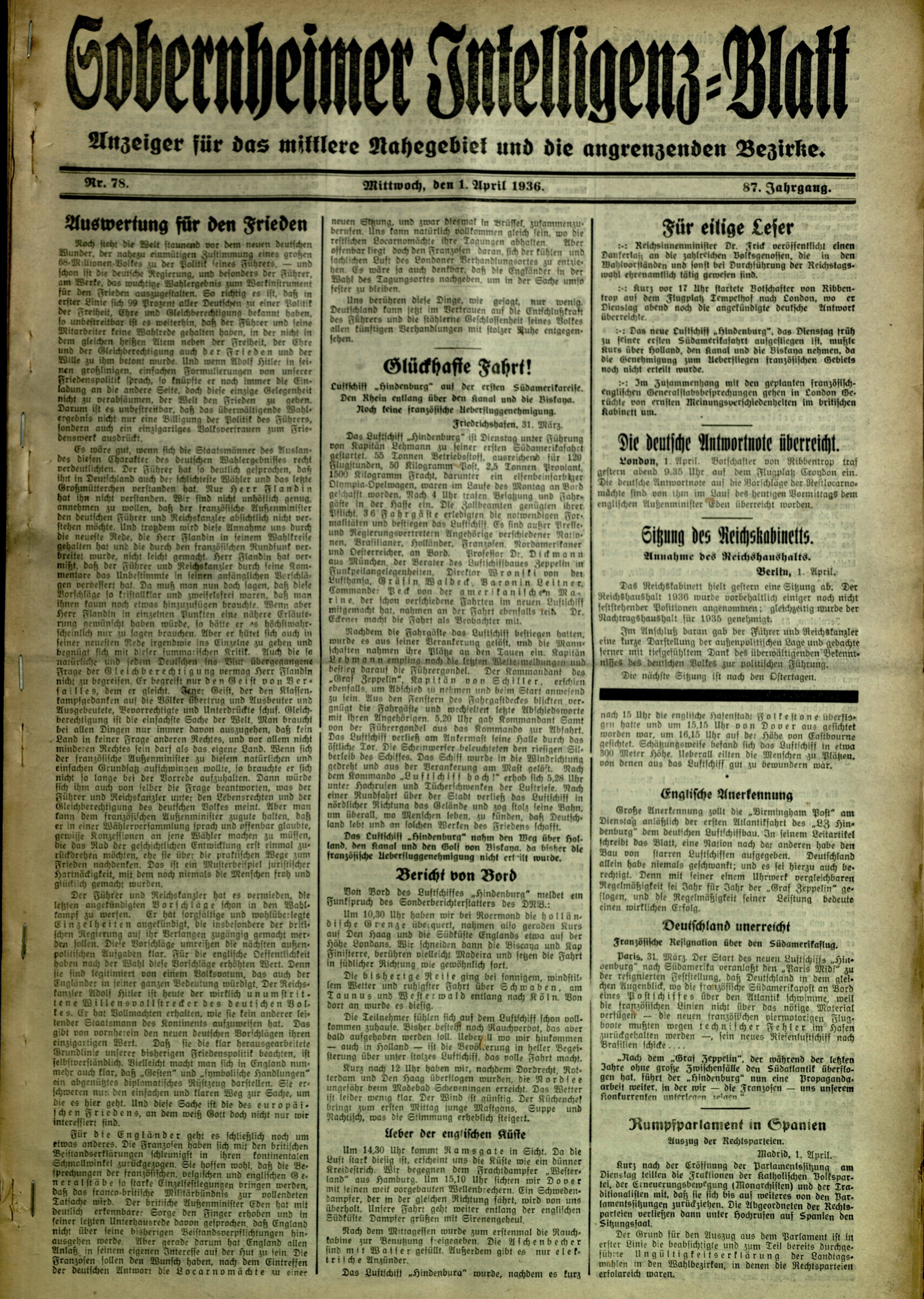 Zeitung: Sobernheimer Intelligenzblatt; April 1936 , Jg. 87, Nr. 78 (Heimatmuseum Bad Sobernheim CC BY-NC-SA)